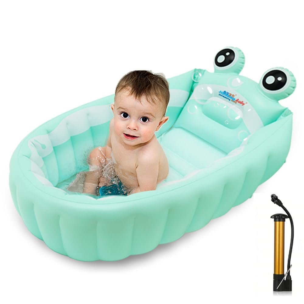Inflatable Baby Bathtub,Newborn to Toddler Bath Tub with Built-in Air Pump,Portable Travel Shower Basin with Back Support,Foldable Toddler Tub Shower for Kids 0-6 Months(Frog)