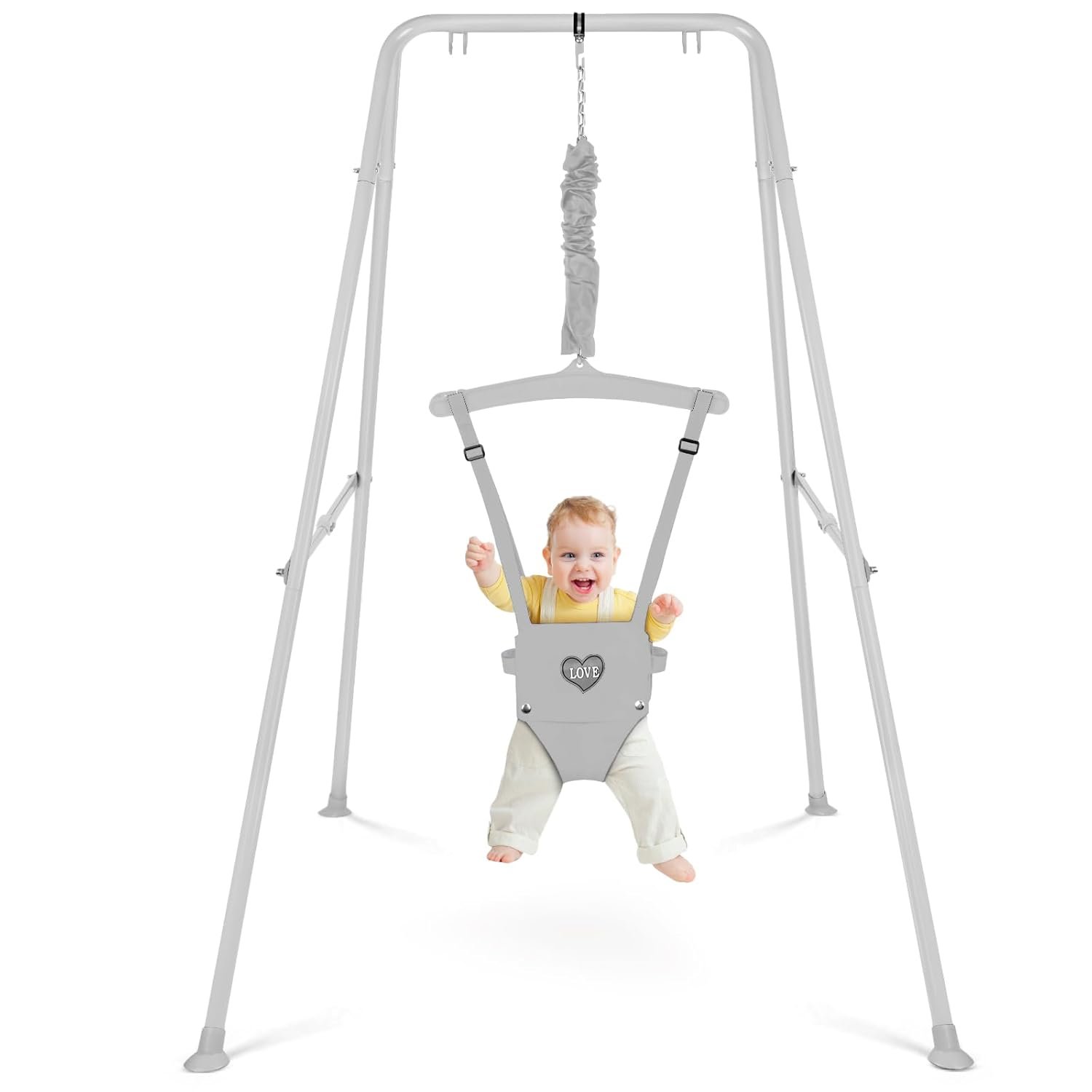 Baby Jumper with Stand, Infant Jumper for Indoor/Outdoor Play, Jumper for Baby 6-24 Months, Baby Jumpers and Bouncers with Adjustable Chain, Easy to Assemble & Store (Gray)