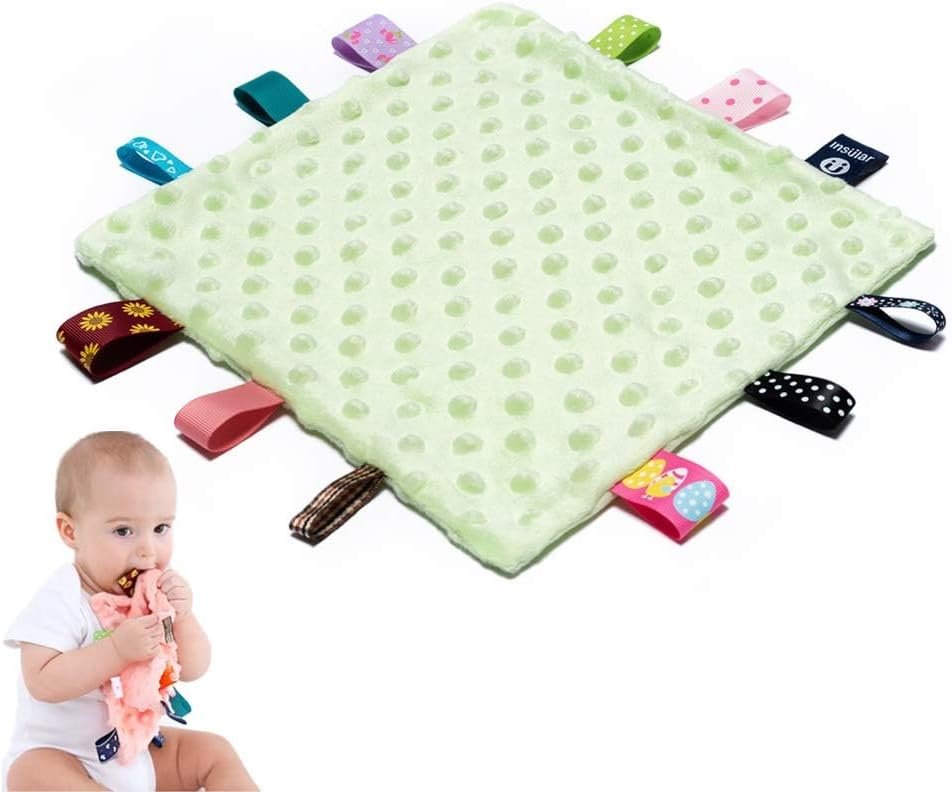 Baby Tags Security Blankets – Baby Soothing Plush Blanket with Colorful Tags, 10″x10″ Square Sensory Toys, Lovey for 3 Months+ Babies Boys and Girls (Green)