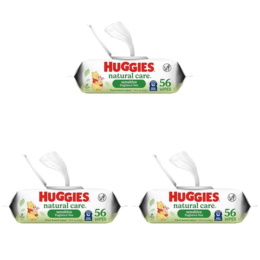 Huggies Natural Care Sensitive Baby Wipes, Unscented, Hypoallergenic, 99% Purified Water, 1 Flip-Top Pack (56 Wipes Total) (Pack of 3)