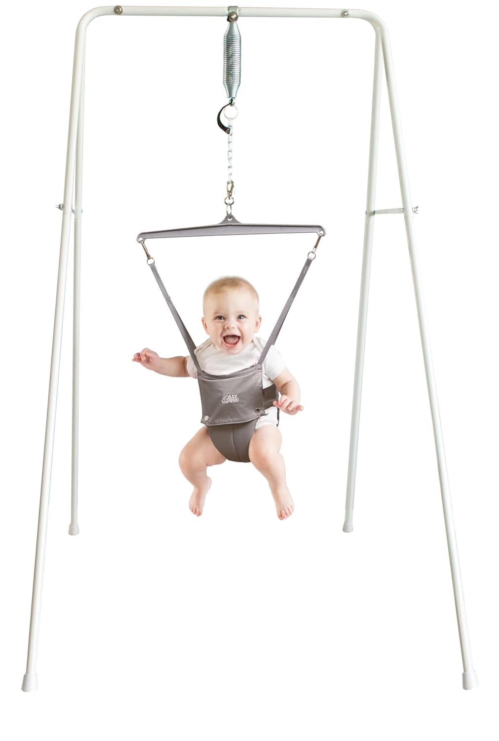 Jolly Jumper Classic (Grey) with Stand – Original Baby Jumper, Indoor and Outdoor Exercise Saddle Seat, Adjustable Height, for Infants up to 28lbs