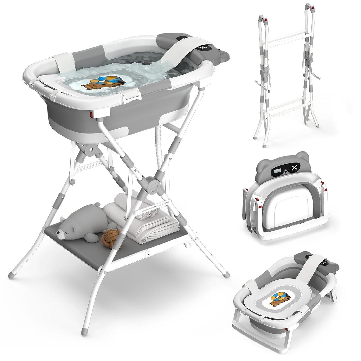 Baby Bathtub with Stand, Foldable Metal Standing Baby Bath Tub, 3-in-1 Anti-Slip Collapsible Tub with Cushion Storage Pad, Elevated Design for Newborn Toddler, Gray