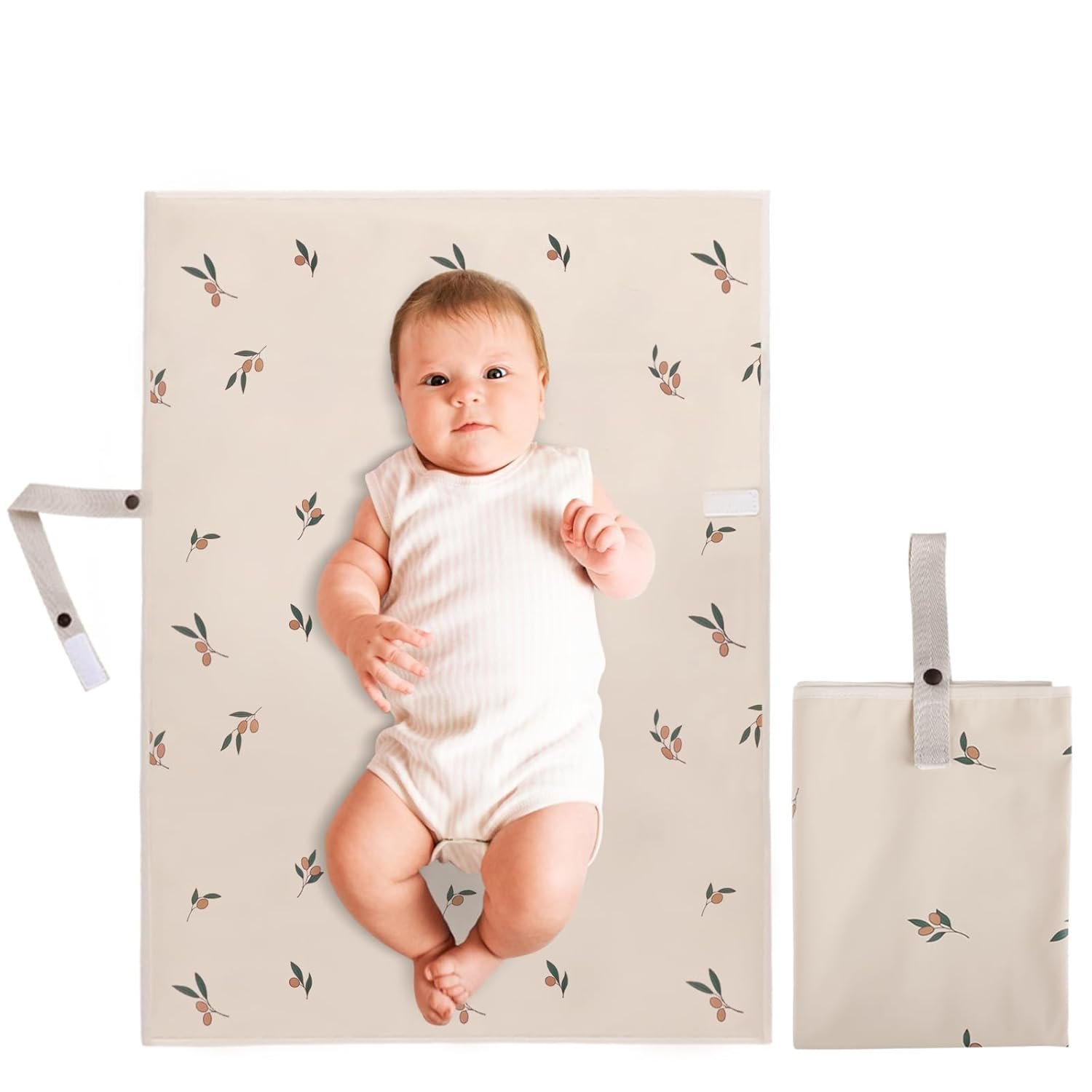 Vegan Leather Portable Changing Pad – Ultra-Thin, Compact & Foldable Travel Mat, Waterproof & Wipeable Diaper Changing Station for On-The-Go Parents (Olive Branch with Strap, 20″*28″)
