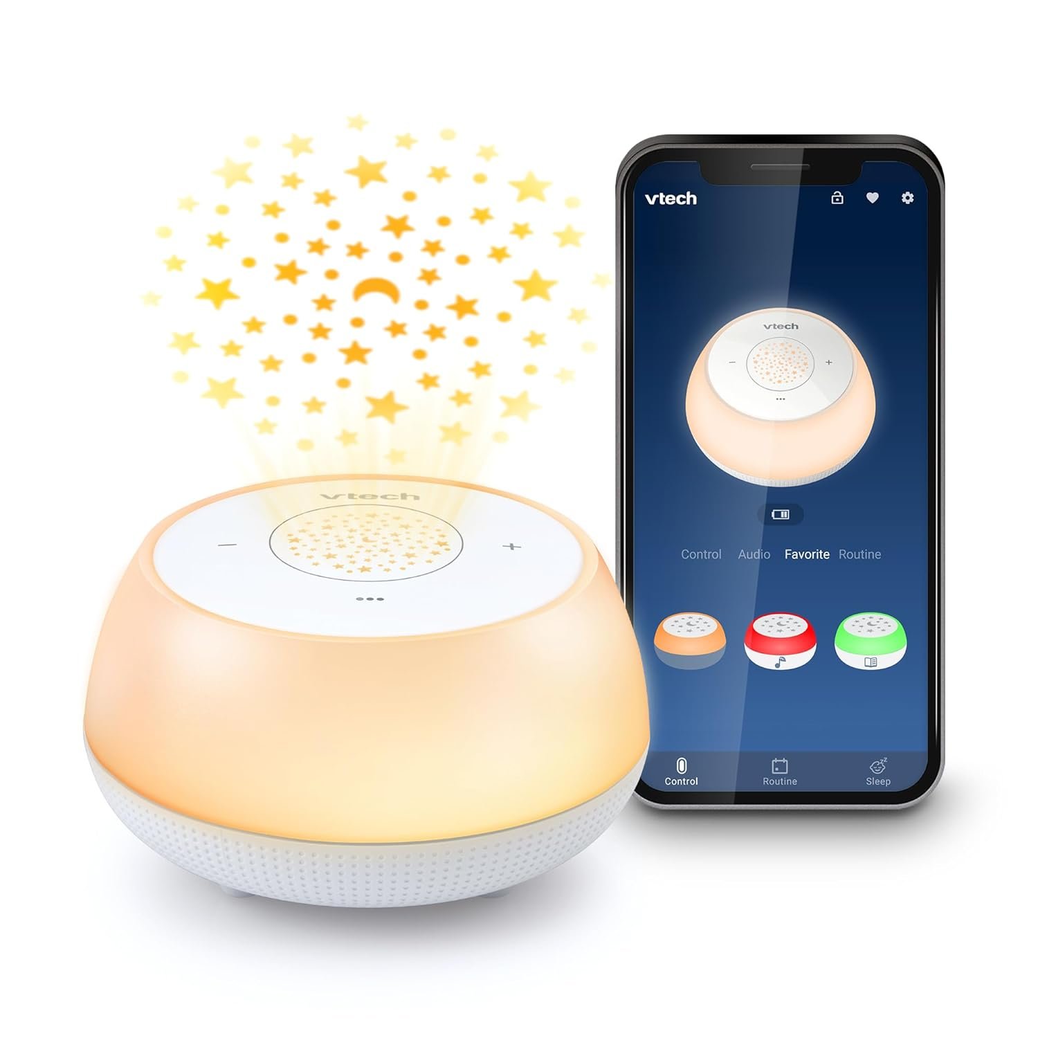 VTech BC8213 V-Hush Junior Sleep Training Soother with 40 Stories, Songs & Sounds – Record Your Own Voice, Portable Bluetooth Speaker, Multi-Color Night Light & Ceiling Projector