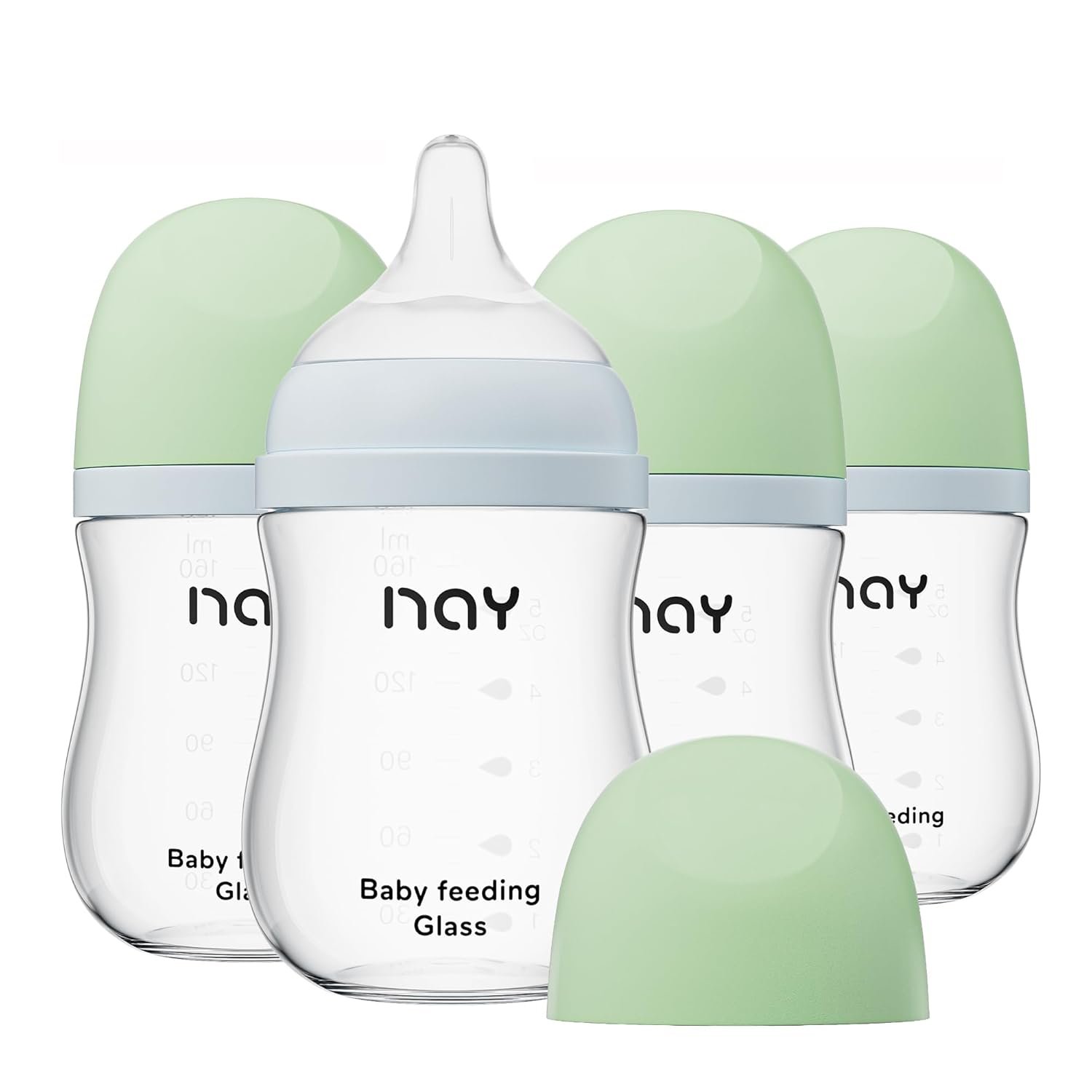 yanyoyo Natural Glass Baby Bottle Wide Neck, Anti-Colic Baby Bottle, Clear, 5.4oz(Pack of 4), Includes 4Pcs Natural Response Nipple(S), 1 Months+