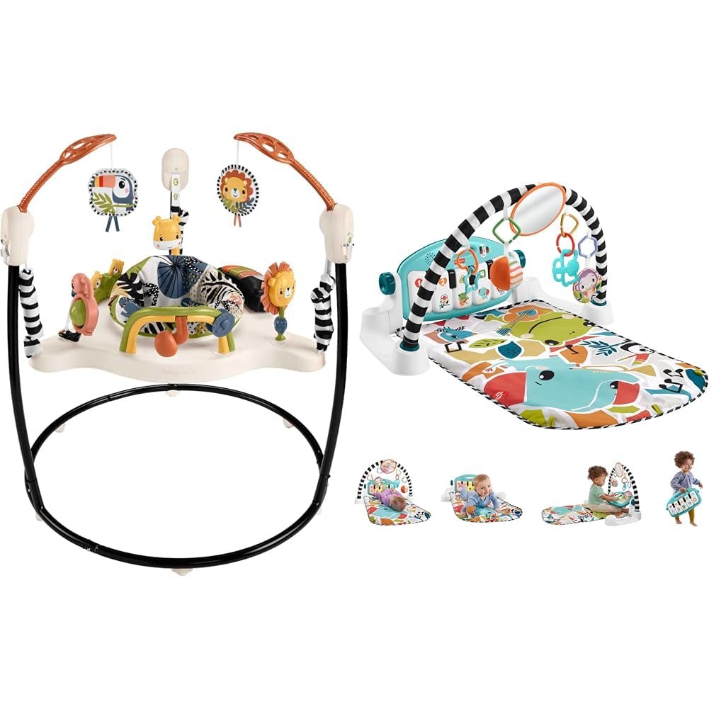 Fisher-Price Baby Bouncer Palm Paradise Jumperoo Activity Center with Music Lights Sounds and Toys + Kick & Play Piano Gym Portable Musical Toy