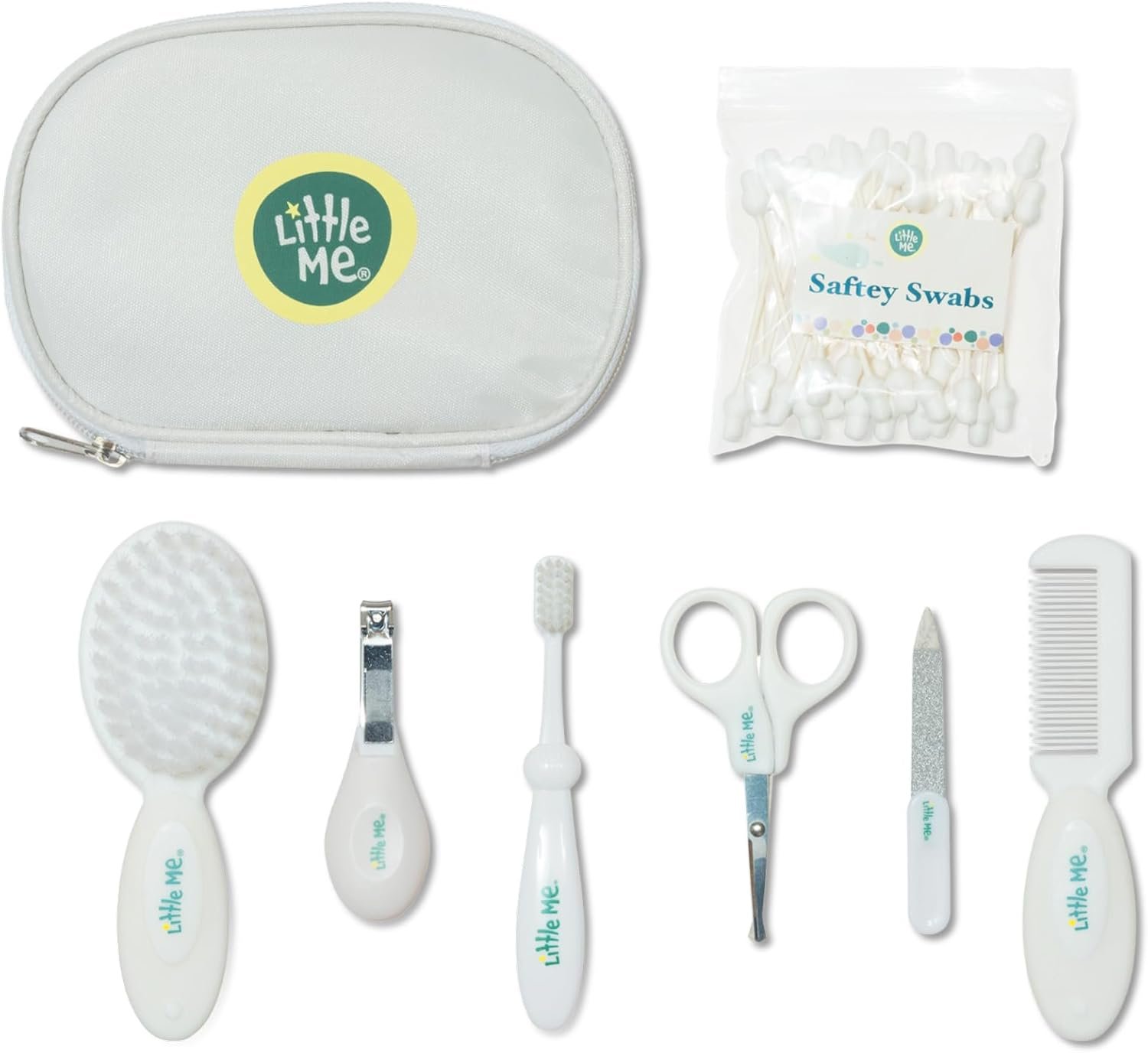 Little Me Baby Grooming Set – 8 Piece Essential Kit with Brush, Comb, Nail Clippers, Nail File, Toothbrush, Safety Swabs, and Travel Zipper Pouch – Baby Grooming Tools
