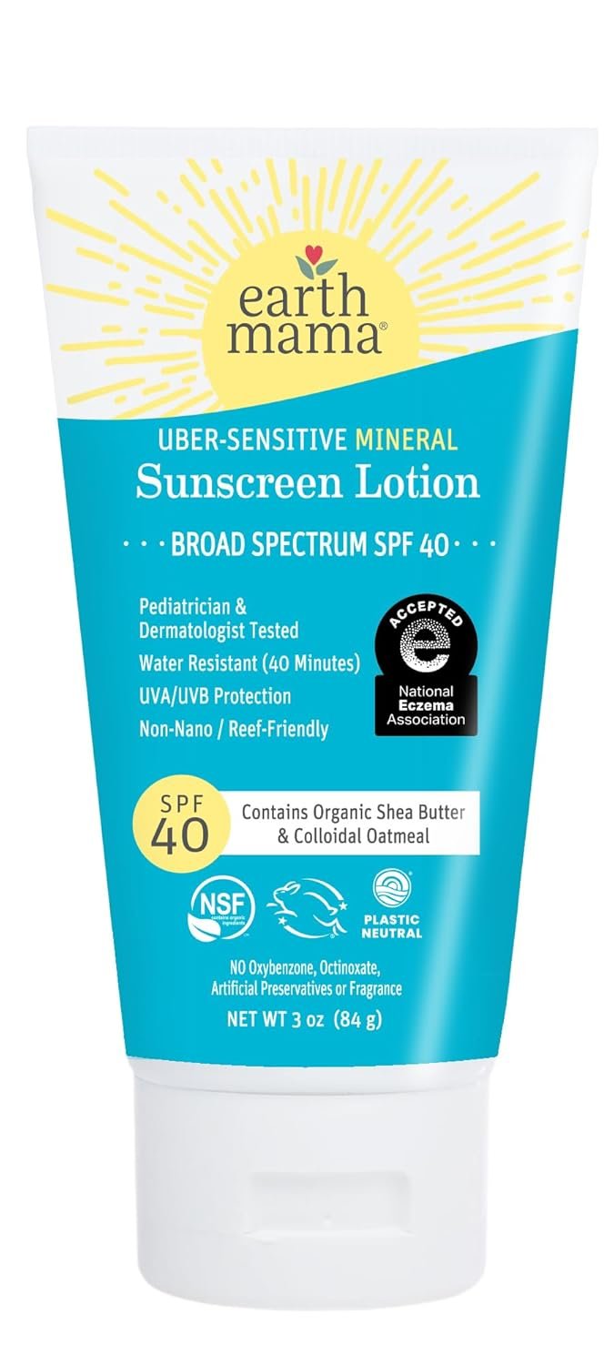 Earth Mama Uber Sensitive Mineral Sunscreen Lotion SPF 40-3 oz – Non-Nano Zinc – Broad Spectrum Sunscreen for Sensitive Skin – Water Resistant Sun Protection for Babies, Kids & Adults