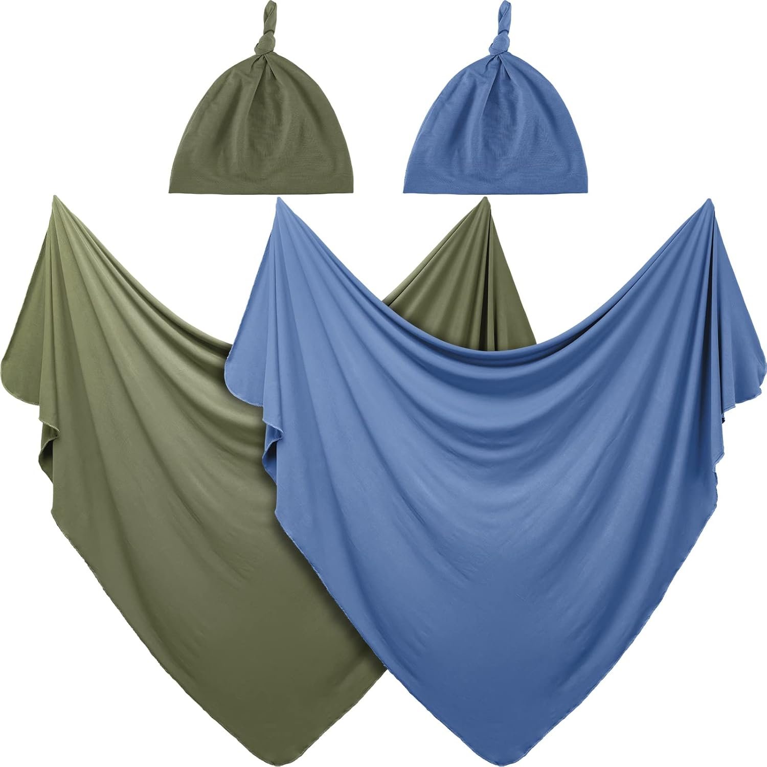 JaGely 2 Pcs Stretchy Baby Swaddle Blankets Set with Hats Extra Soft 47″ x 47″ Newborn Nursery Swaddle Wrap for Baby Girls and Boys(Blue, Army Green)