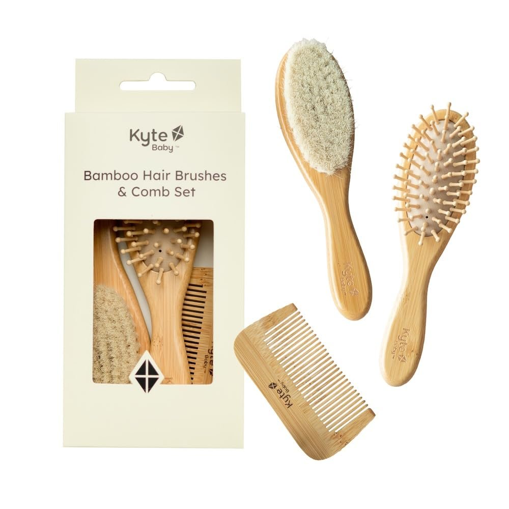 Kyte BABY Bamboo 3-Piece Brush Set – 1 Goat Hair Brush, 1 Wooden Bristle Brush and 1 Bamboo Comb