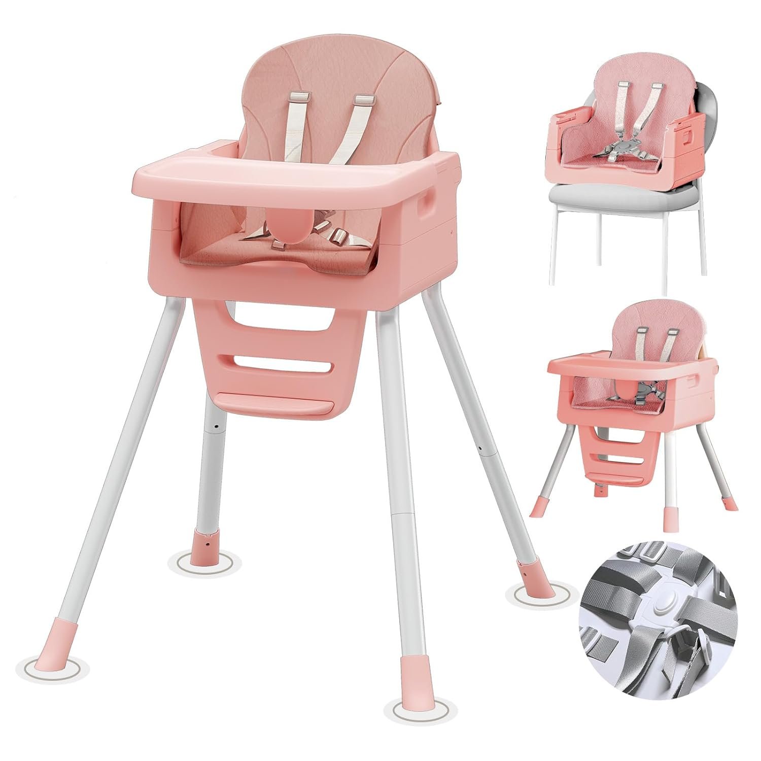 Portable High Chairs for Babies and Toddlers, Convertible Baby Feeding Chair with Tray, Easy Clean High Chair for Toddler with Foot Rest, Infant Highchairs & Booster Seats with Cushion Pink