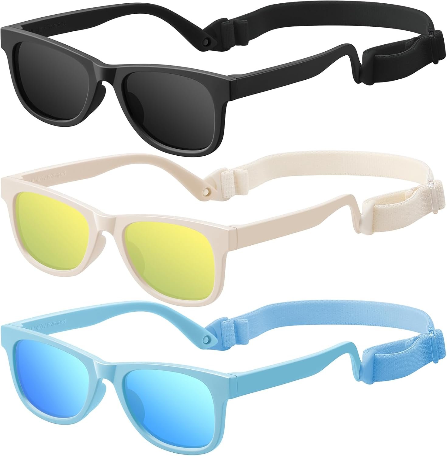 Baby Infant & Toddler Sunglasses with Strap, UV400 Protection for Boys & Girls 0-24 Months, 3 Pack