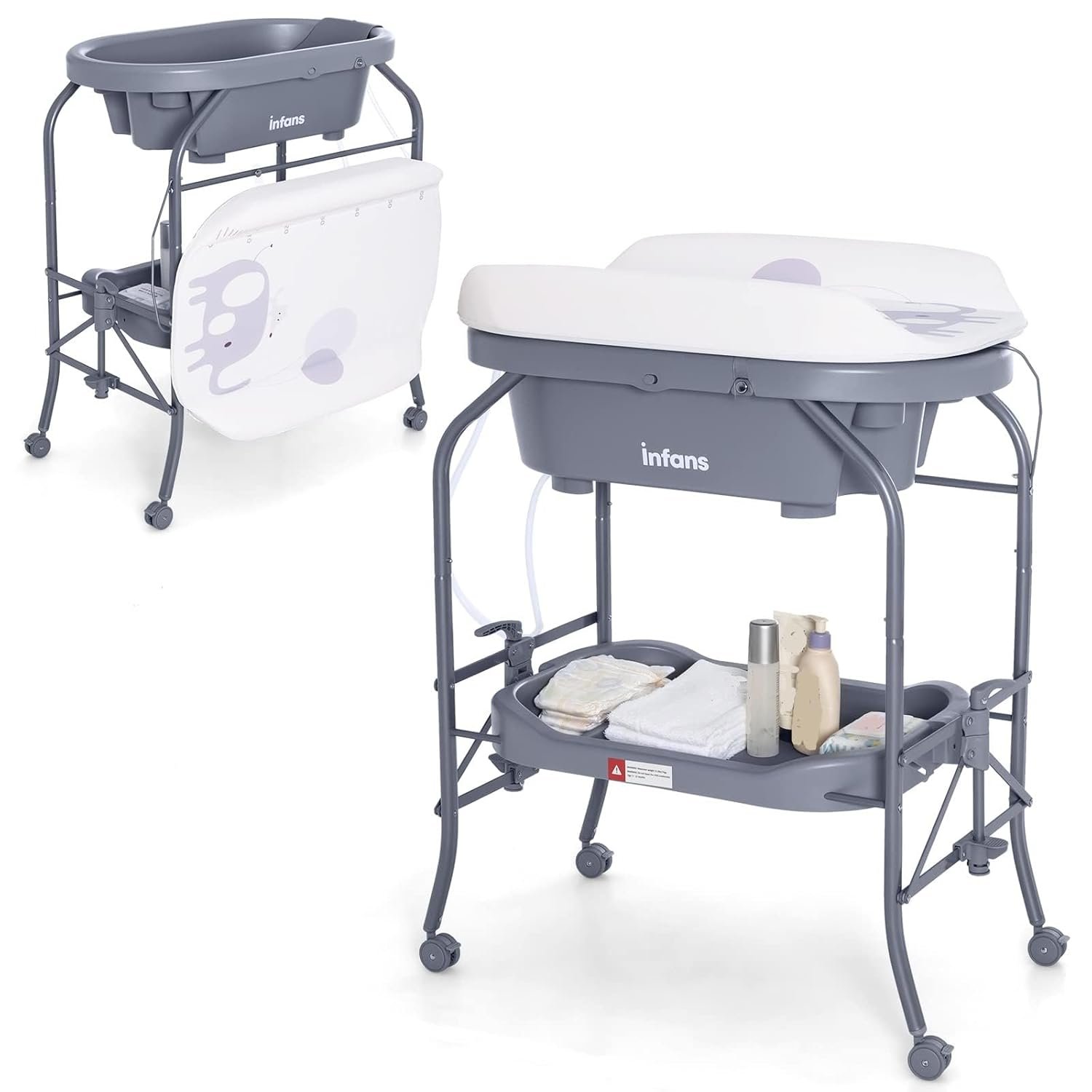 INFANS 2 in 1 Baby Changing Table with Bath Tub Unit, Folding Diaper Dresser Station with Wheels Waterproof Pad Storage Rack, Portable Nursery Organizer Stand for Newborn Infant