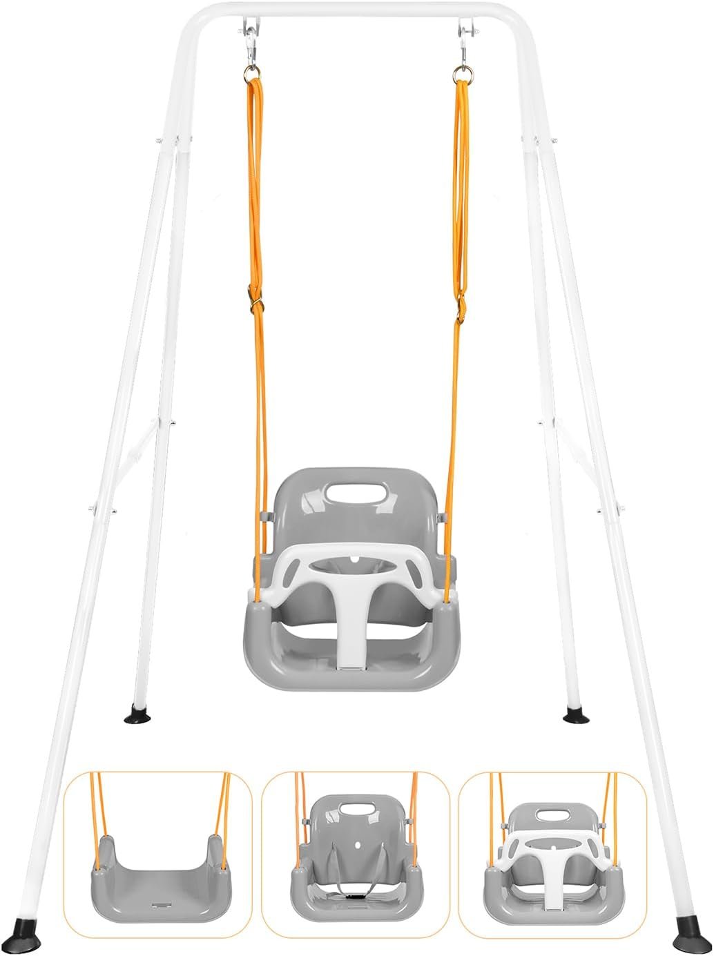 3-in-1 Toddler Swing Set, Indoor & Outdoor Baby Swing Heavy Duty Swing Set with Foldable Metal Stand for Aged 6 Months to 10 Years Old, Easy to Assemble and Store (White)