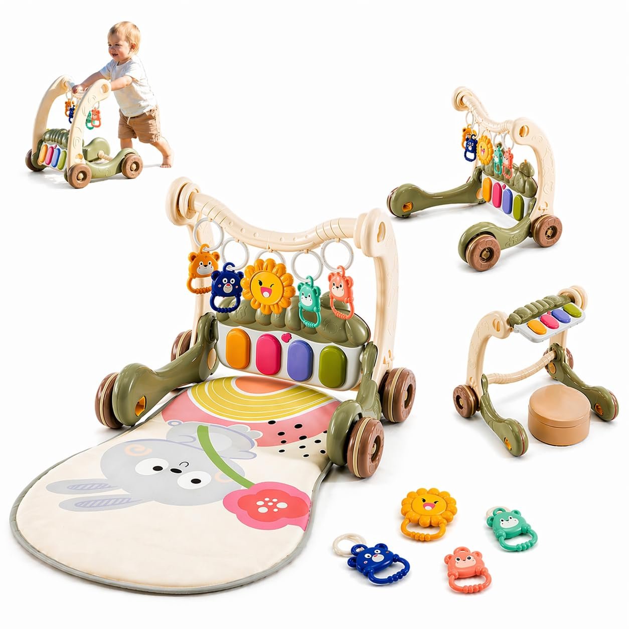 3-in-1 Baby Gym Play Mat, Tummy Time Mat & Kick Piano Activity Center with Detachable Toys, Rattles and Sit-to-Stand Push Walker for Babies (Dark Bud Green)