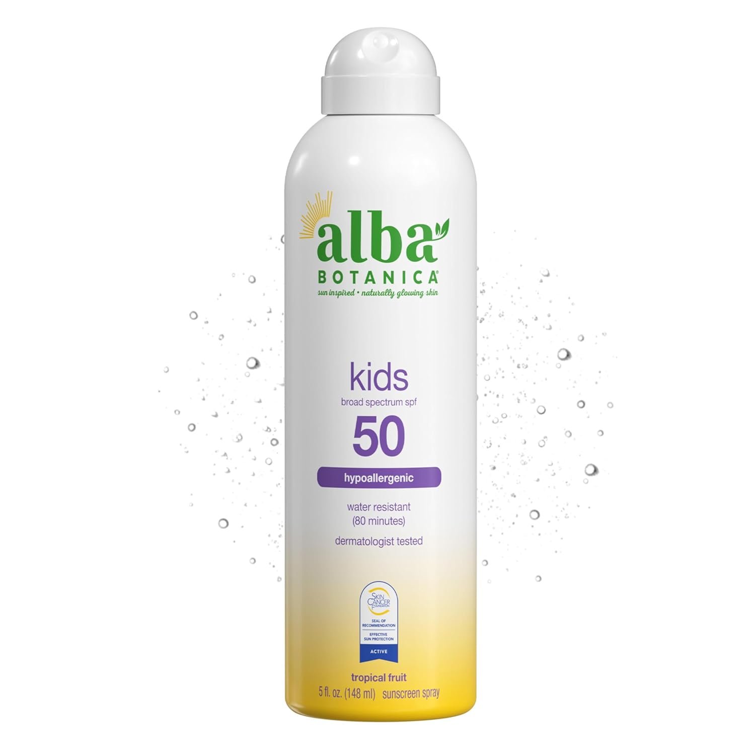 Alba Botanica Kids Sunscreen Spray for Face and Body, Tropical Fruit, Broad Spectrum SPF 50, Water Resistant, 5 fl. oz. Bottle
