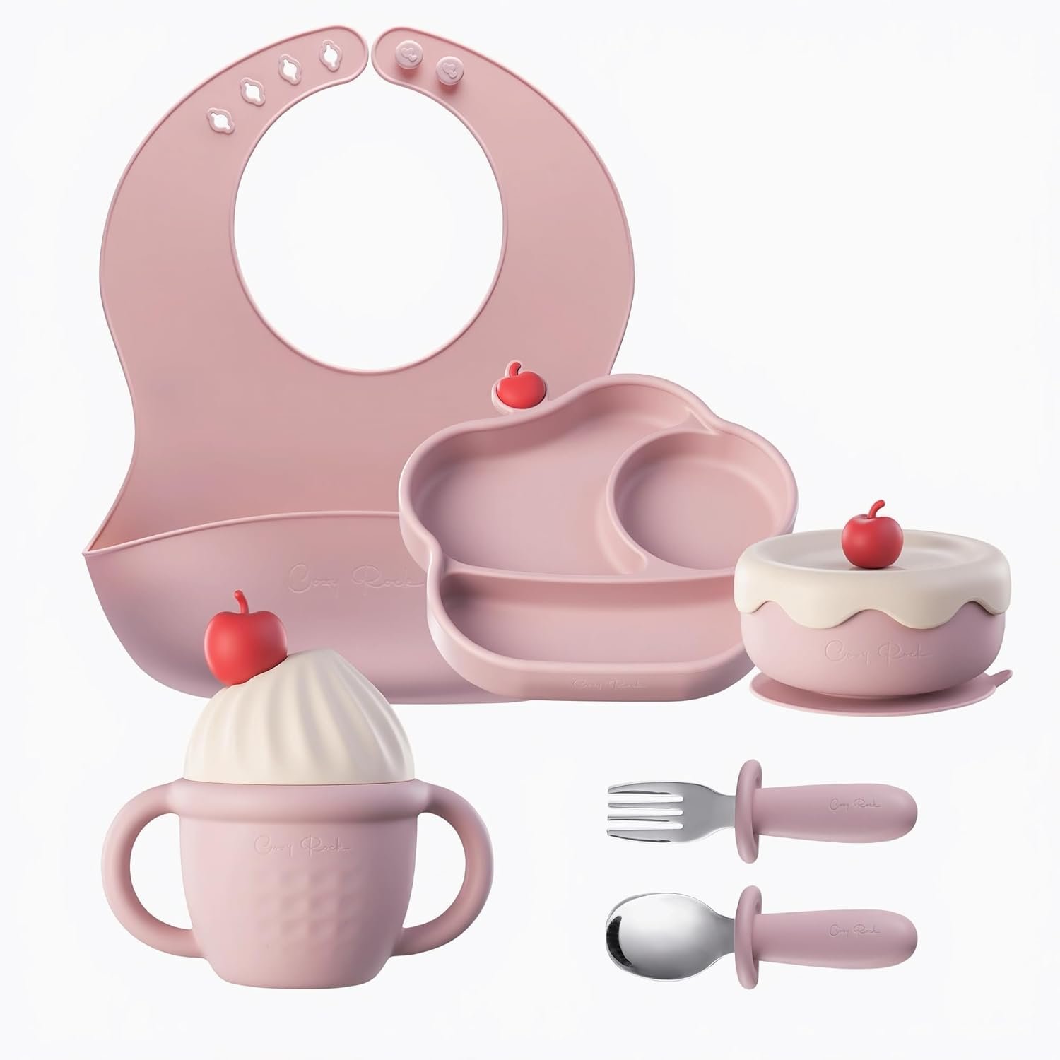 Silicone Baby Feeding Set, Gelato Collection Baby Led Weaning Supplies, First Self-Feeding Ice Cream Set, Silicone Suction Bowl with Cherry Lid & Plate, Straw Cup & Bib, Fork & Spoon – Pink