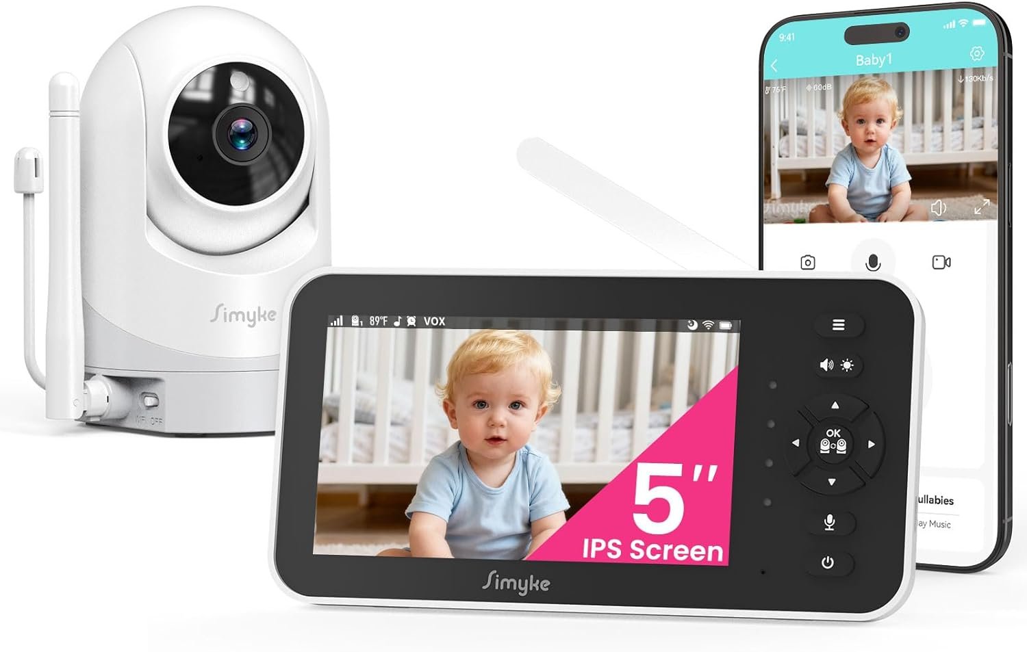 Simyke Baby Monitor,5″ Video Baby Monitor with 720P Camera,WiFi Audio Monitor with Remote PTZ,Night Vision, 2-Way Talk,Sleep Mode,Lullabies & 1500ft Range,APP Control