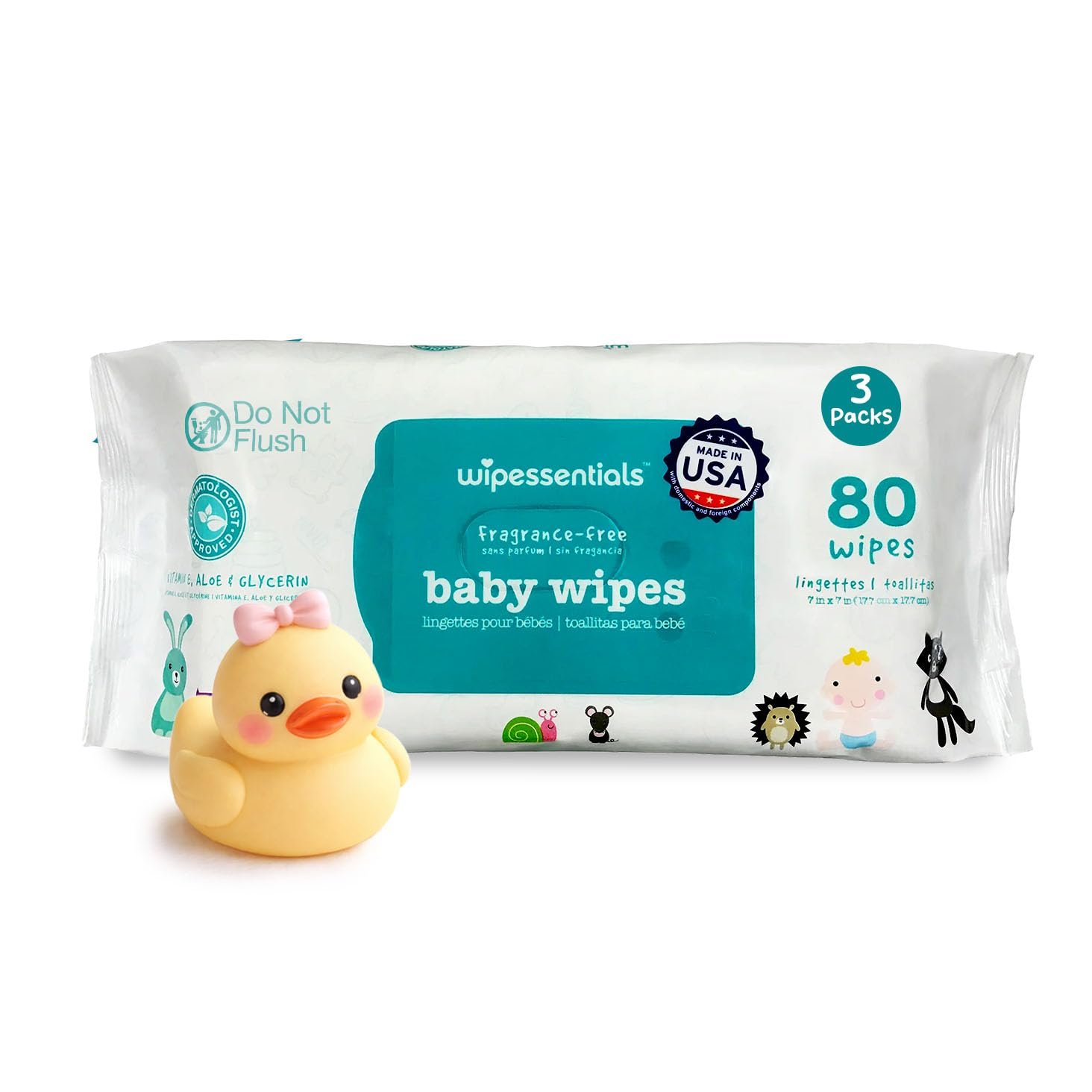 WipeEssentials Baby Wipes, Unscented Hypoallergenic Wet Wipes for Sensitive Skin, Alcohol Free Baby Essentials Wipes, Water-Based Wipes 3-Pack (80 Wipes Each)