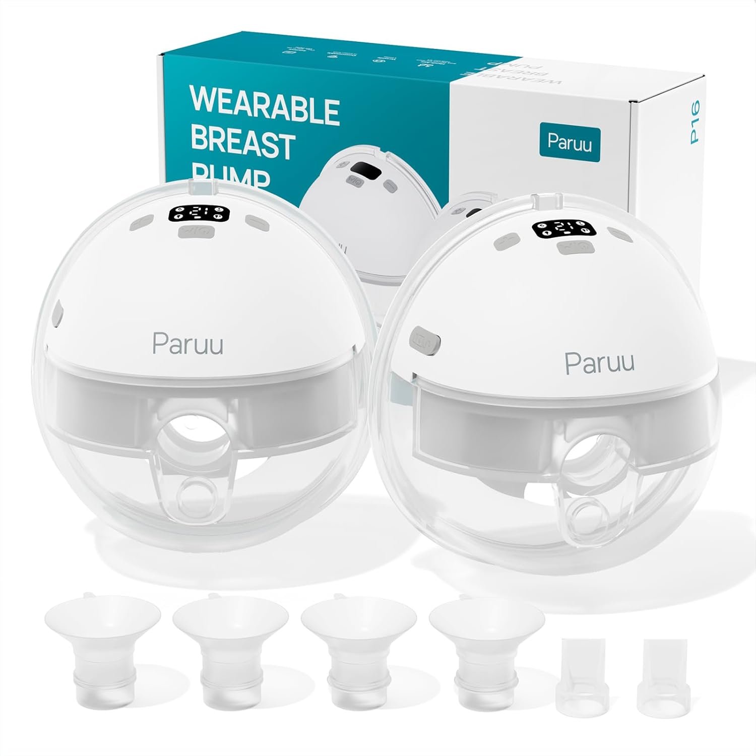 Paruu Hands Free Breast Pump P16, Wearable Breast Pump Electirc Portable with 4 Modes & 12 Levels, Max 309mmHg Strong Suction 19/21/24mm Flange Inserts Wearable Breastfeeding Pump, 2 Pack