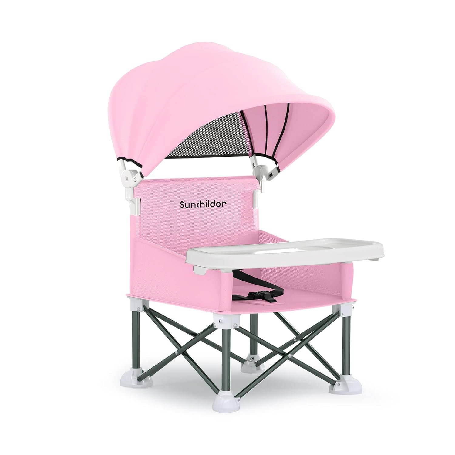 Portable Baby Booster Seat with Removable Tray & Canopy – 3 Point Safety Harness, Compact Fold for Travel, Indoor Outdoor Use for Infants & Toddlers, Pink
