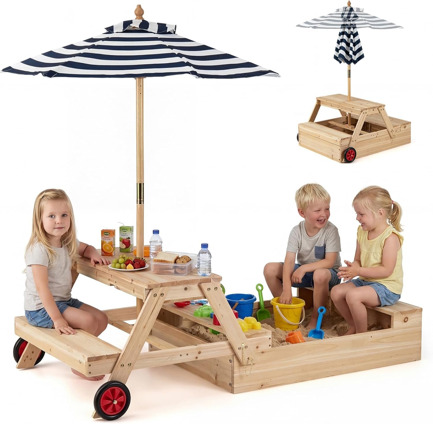 Costzon 3-in-1 Sandbox with Lid, Wooden Sand Pit w/Foldable Picnic Sensory Table, Bench & Adjustable Umbrella for Outdoor Backyard Garden Lawn & Beach, Playset Sand Box for Kids Ages 3-5