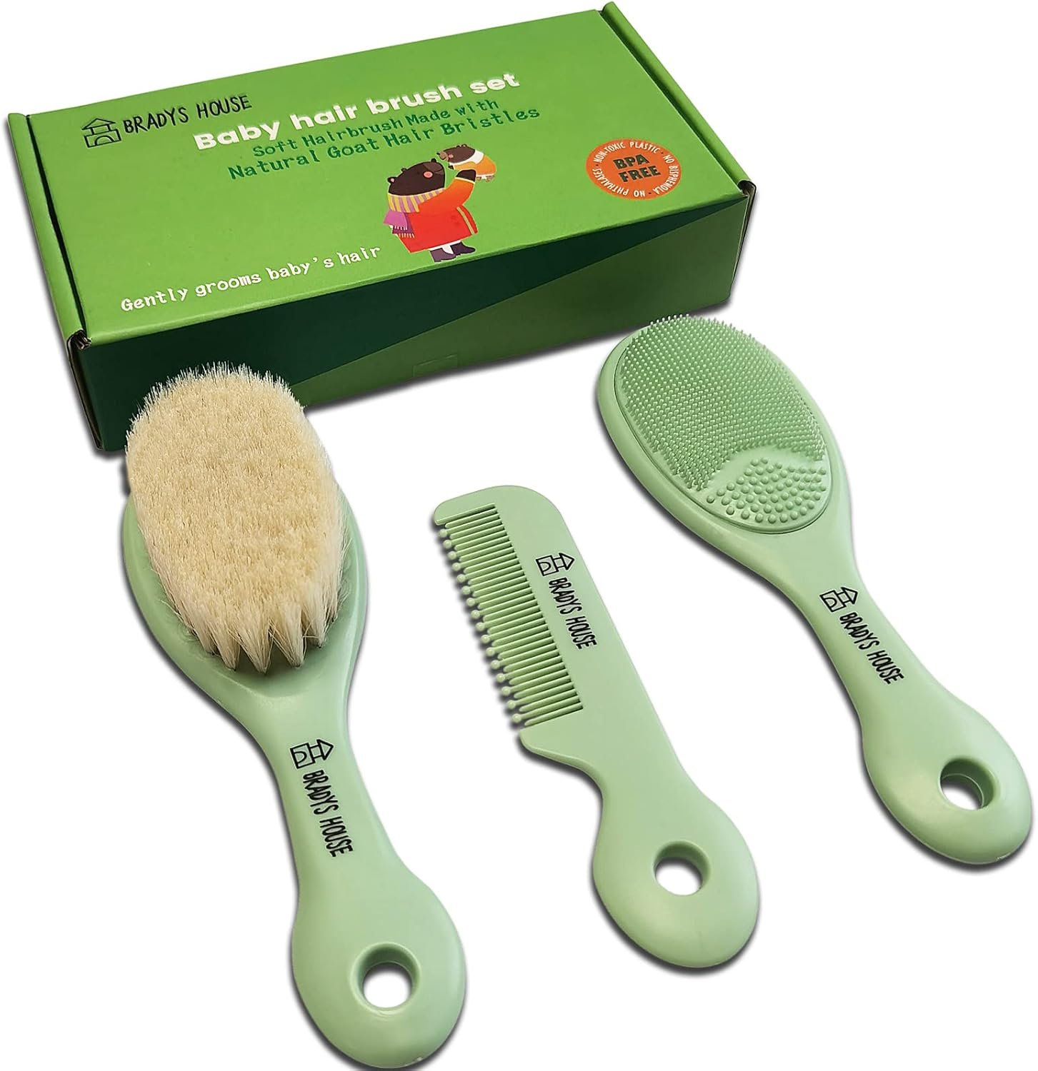 BRADYS HOUSE – 3 Piece Baby Hair Brush & Comb Set for Newborns- Soft Goat Bristle Hair-Brush, Silicone Bath Brush and Plastic Comb for Infant, Toddler, Kids – Baby