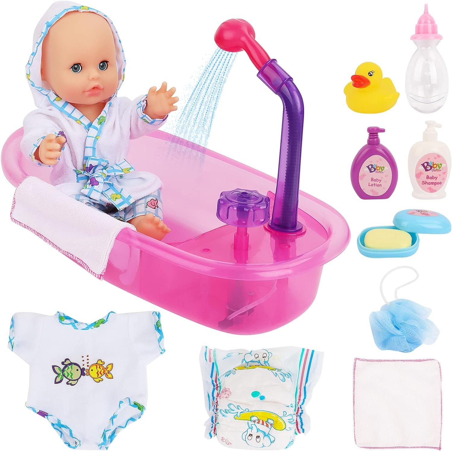 deAO Baby Doll Set with Bathtub,11PCS Doll Bath Set – Real Working Bathtub with Detachable Shower Spray,Toy Gift Set for 3+ Years Old Kids