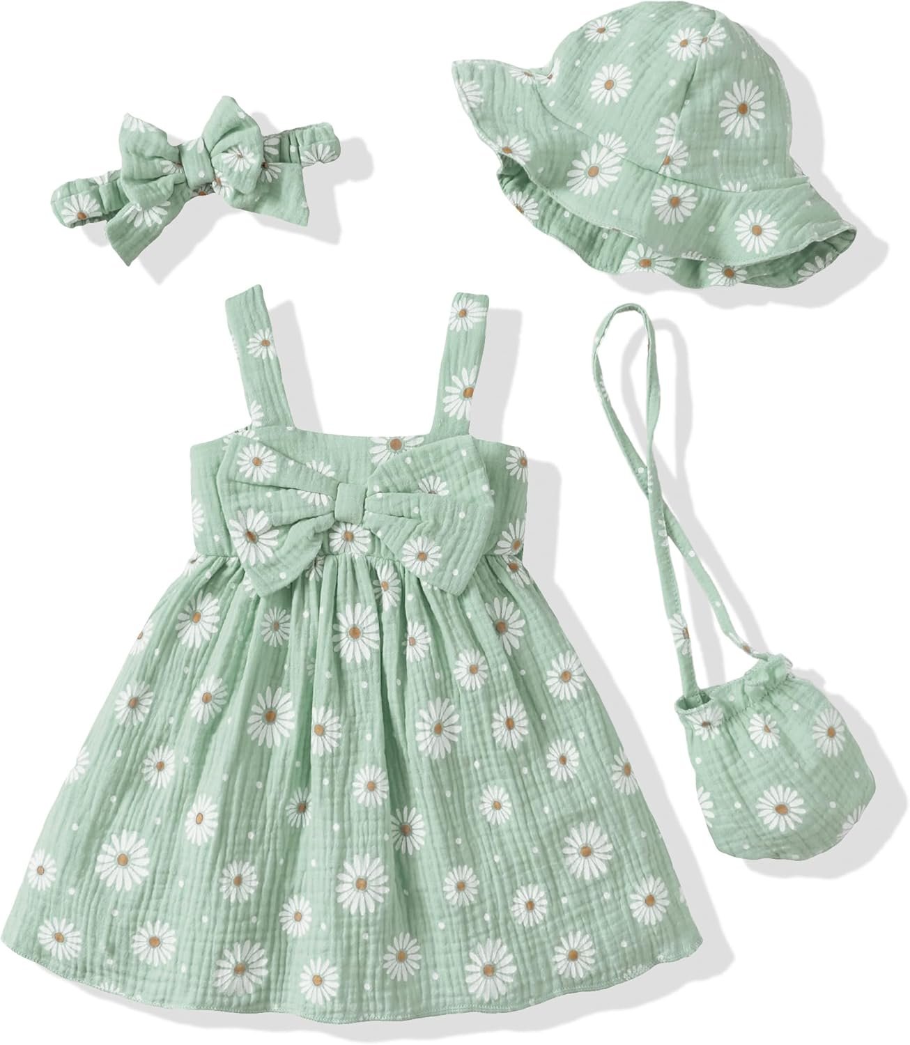 SODLON Toddler Girl Summer Dress Infant Baby Girl Casual Clothes Sleeveless Bowknot Beach Sundress with Hat