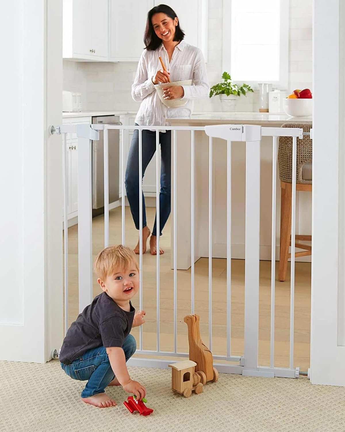 Cumbor 36″ Extra Tall Baby Gate for Stairs, 29.7-40.6″ Wide Dog Gate for Doorways, Pressure Mounted Auto-Close Pets Gates for Dogs Indoor, Durable Safety Child Gate, Mom’s Choice Awards Winner, White