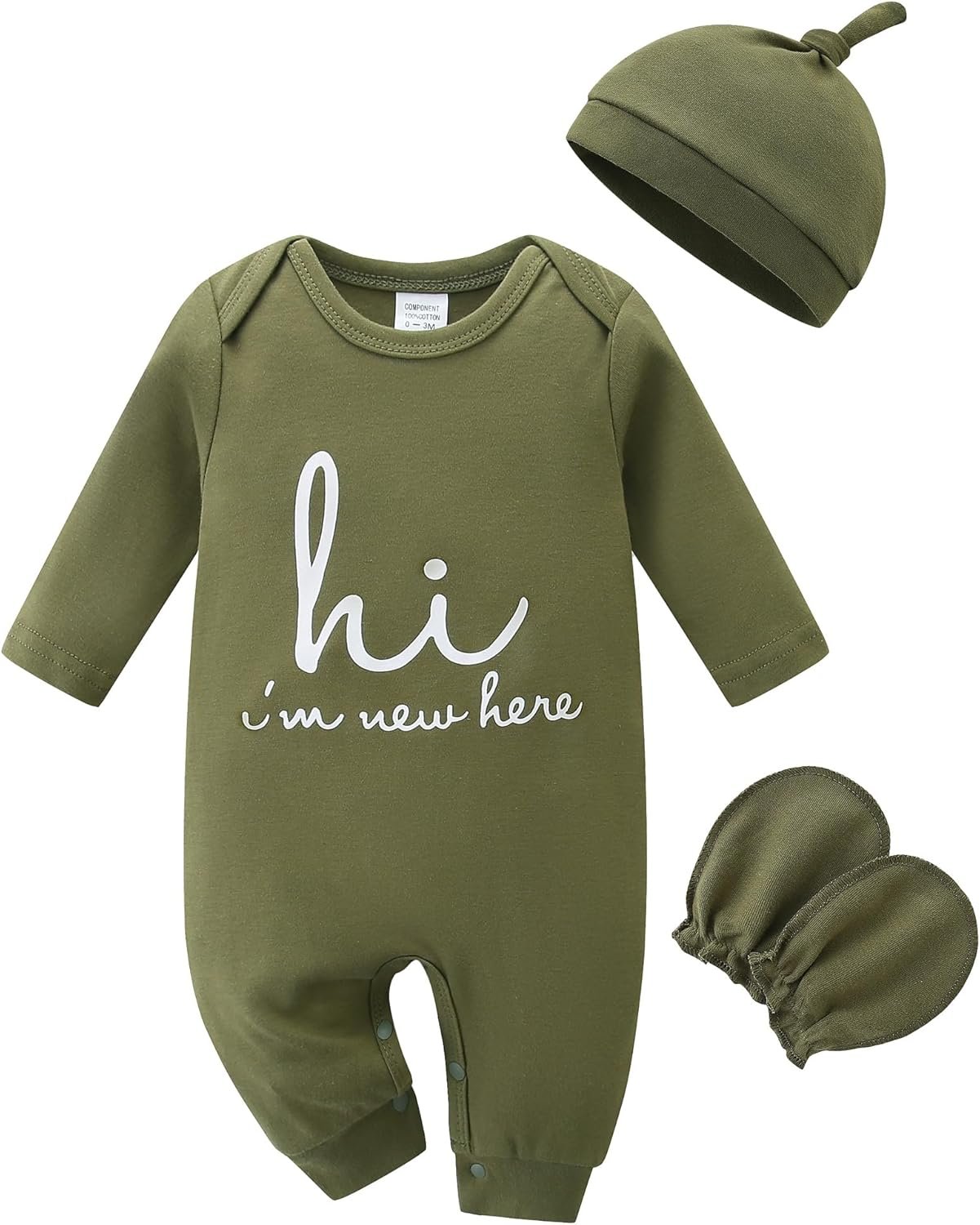 Babymine Cute Newborn Unisex Baby 100% Cotton Long Sleeve Onesie Coming Home Outfits,Soft Romper with Mittens & Hat