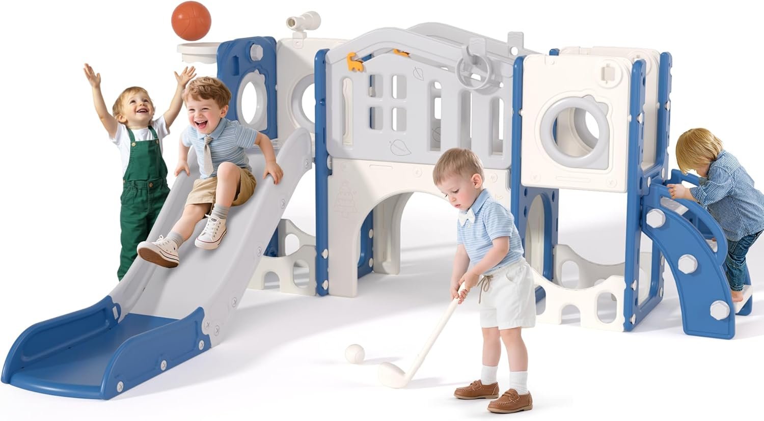 KORIMEFA 11 in 1 Toddler Slide Set – Baby Slide for Toddlers 1-3 with Ring Toss and Basketball Hoop, Indoor Outdoor Toddler Playset Playground, Blue