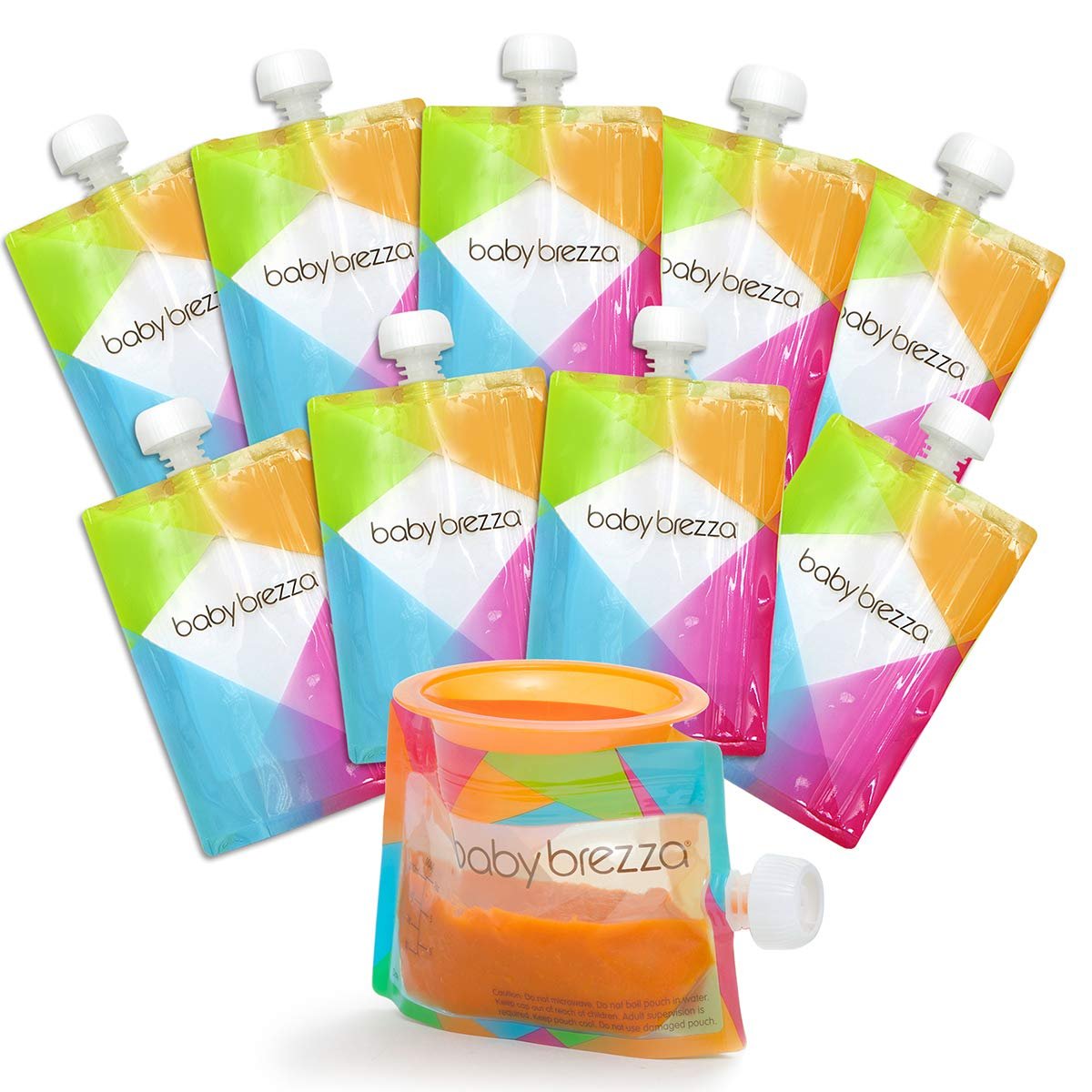 Baby Brezza Reusable Baby Food Storage Pouches, 10 Pack 7oz – Make Organic Food Puree for Kids or Toddlers and Store in Refillable Squeeze Pouches, Bulk Set is Freezer Safe & Washable