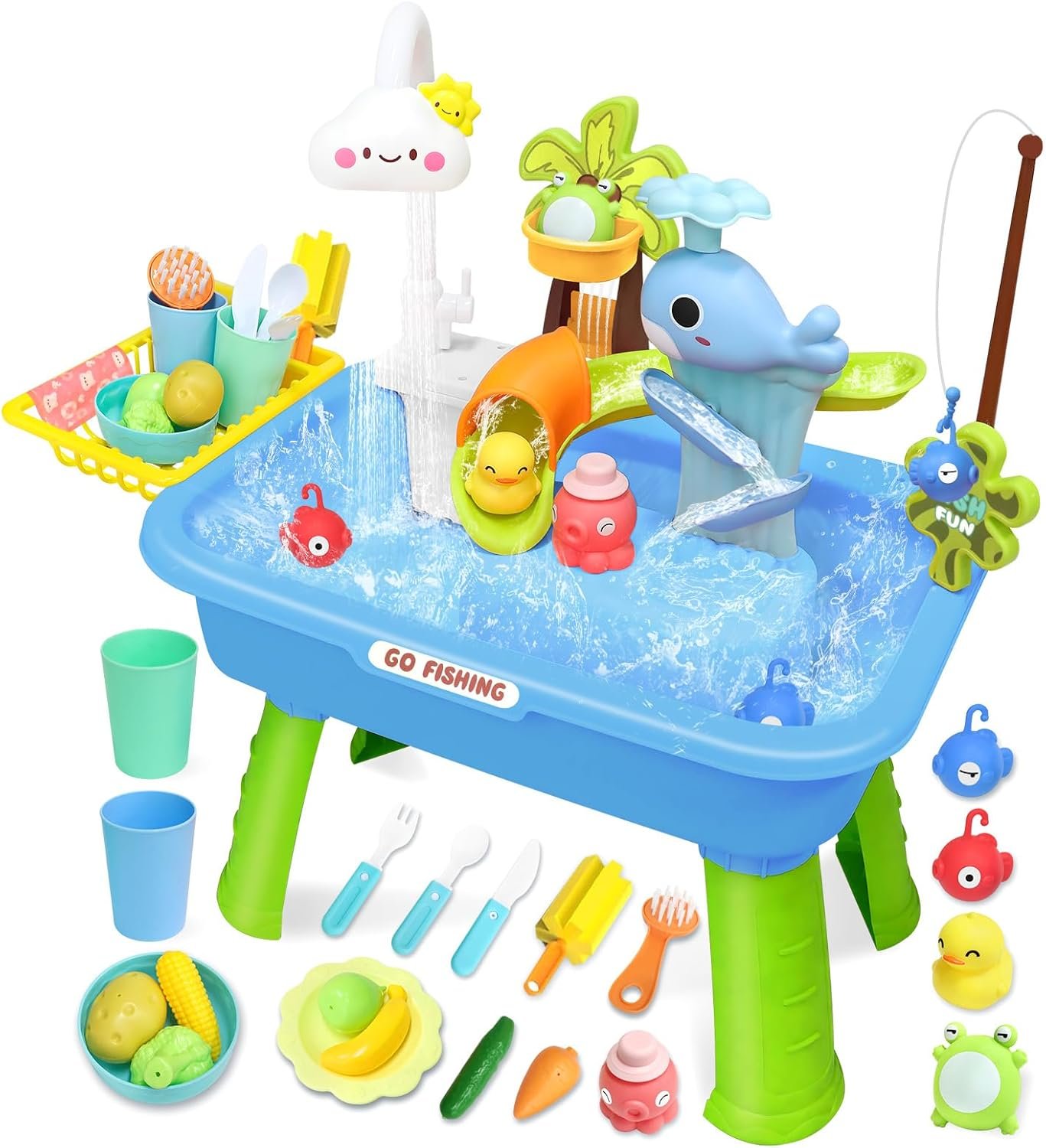Water Play Table for Toddlers 1-3, Kids Play Sink with Electric Faucet, Outdoor Water Table with Fishing Game, Summer Baby Water Sensory Toy for Toddlers 1-3 Years (Blue)