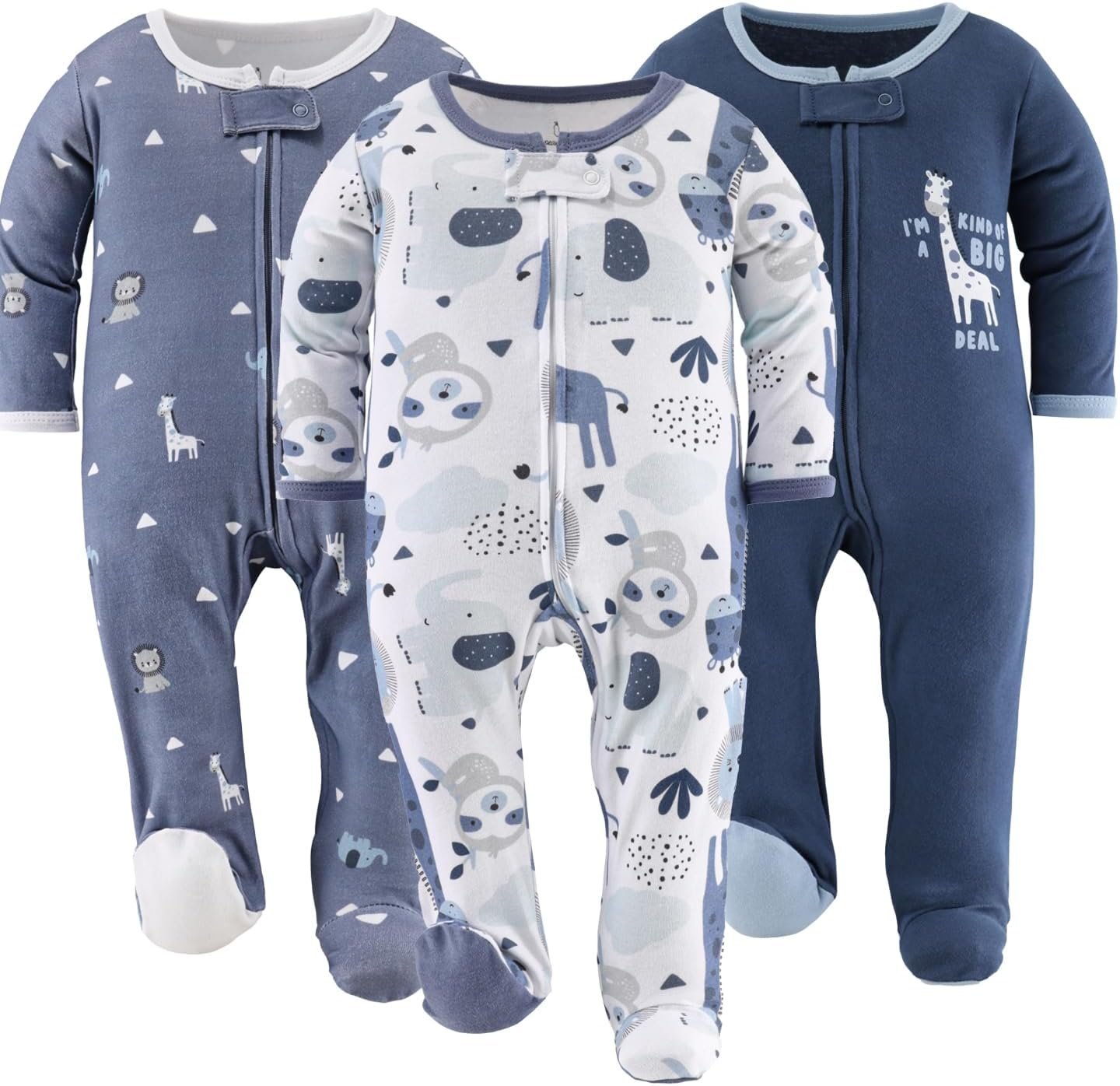 The Peanutshell Baby Sleepers for Boys Set of 3 – Soft Cotton Footed Pajamas for Newborns & Infants – Blue Safari