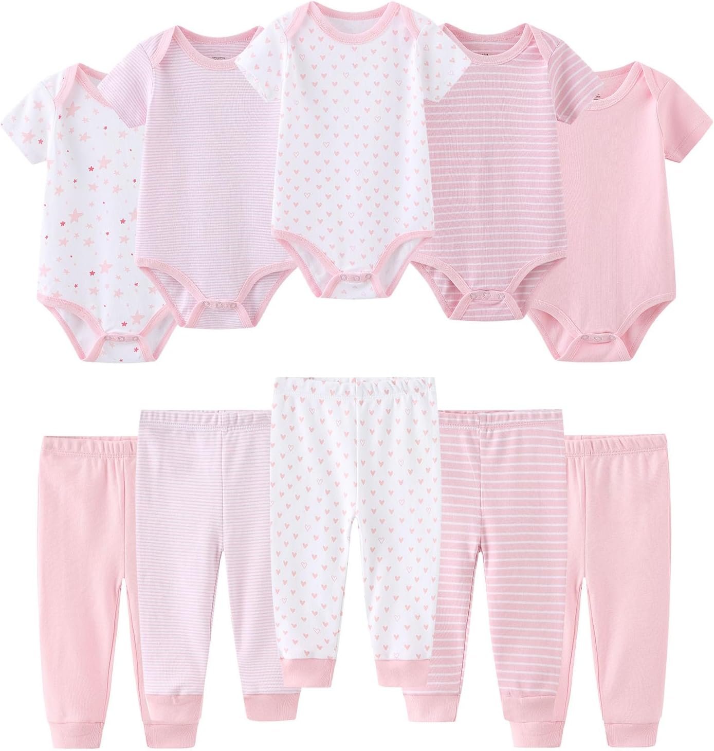 Ruliby Baby Bodysuit and Pant Set 10-pcs Cotton Soft Newborn Boy Girl Clothes Outfits
