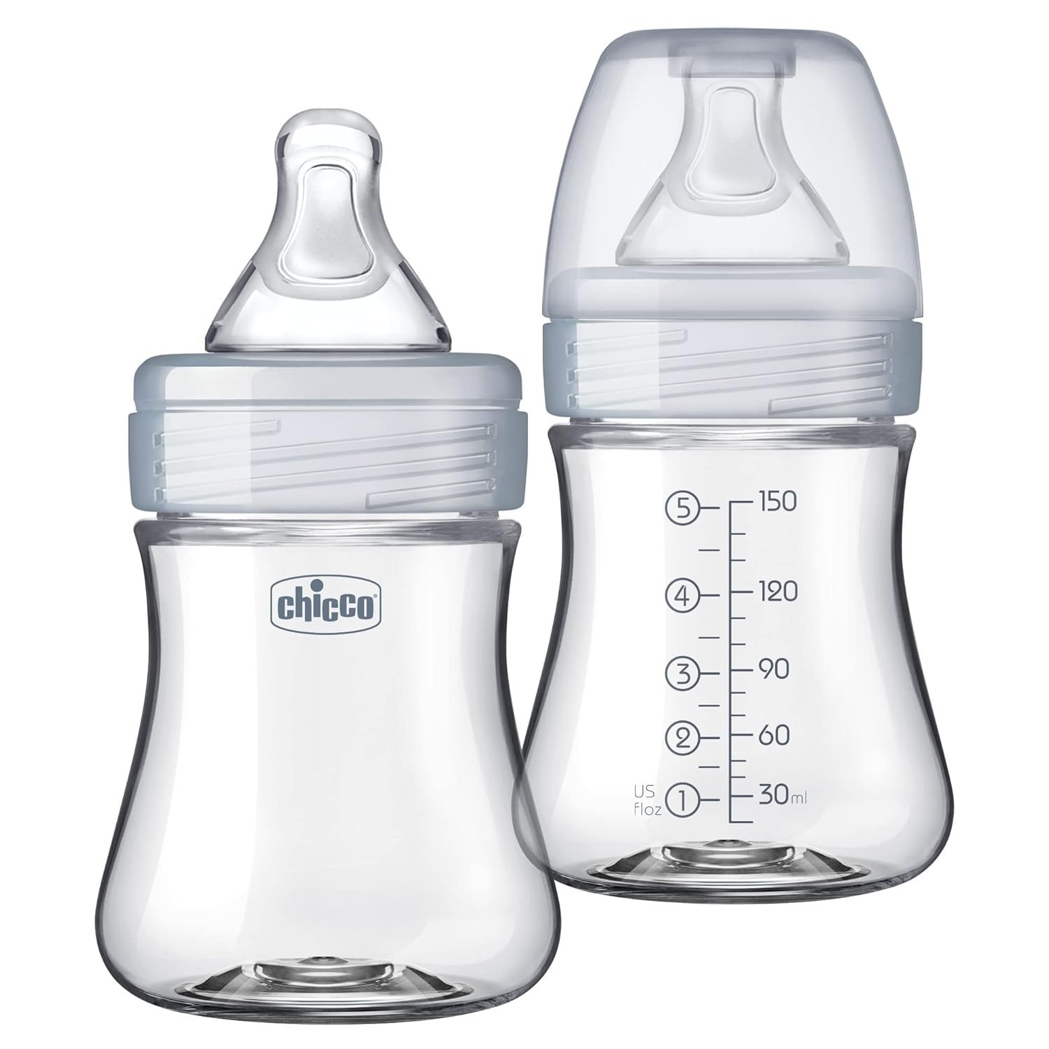 Chicco Duo 5oz Hybrid Baby Bottle, Real Glass Inside, Lightweight Plastic Outside, Patented Invinci-Glass Technology, Intui-Latch Nipple, 2-Pack, Clear/Grey