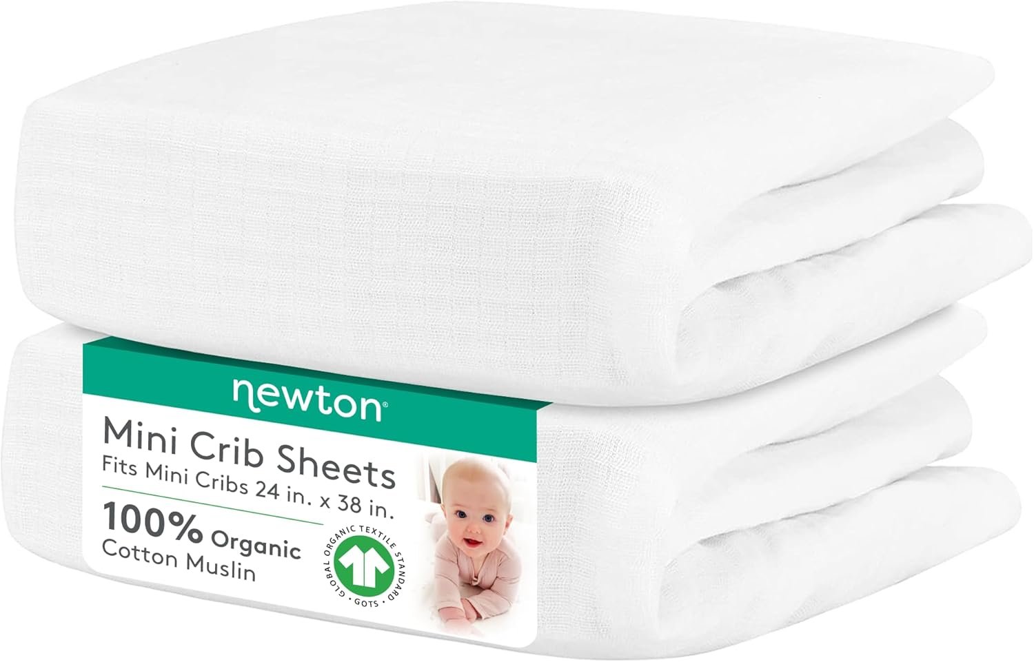Newton Baby Fitted Mini Crib Sheets (2-Pack) | Organic Muslin Cotton, Breathable & Soft Baby Sheets, Washable Baby Mattress Sheets, Fits Mini Crib Mattresses 24″ x 38″, Plain White