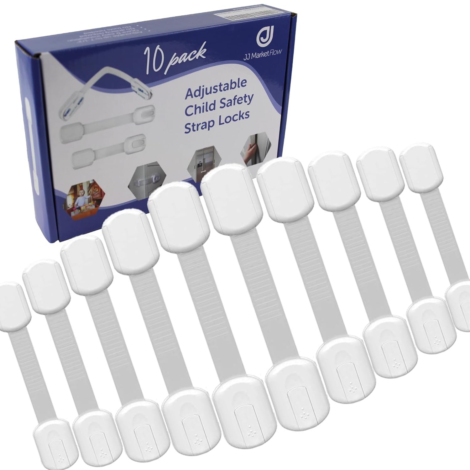 Child Proof Safety Strap Locks 10-Pack – No Drill Cabinet Locks Baby Proofing, 3M Adhesive for Drawers, Cabinets, Fridge, Toilet, Baby Proofing for Child Safety