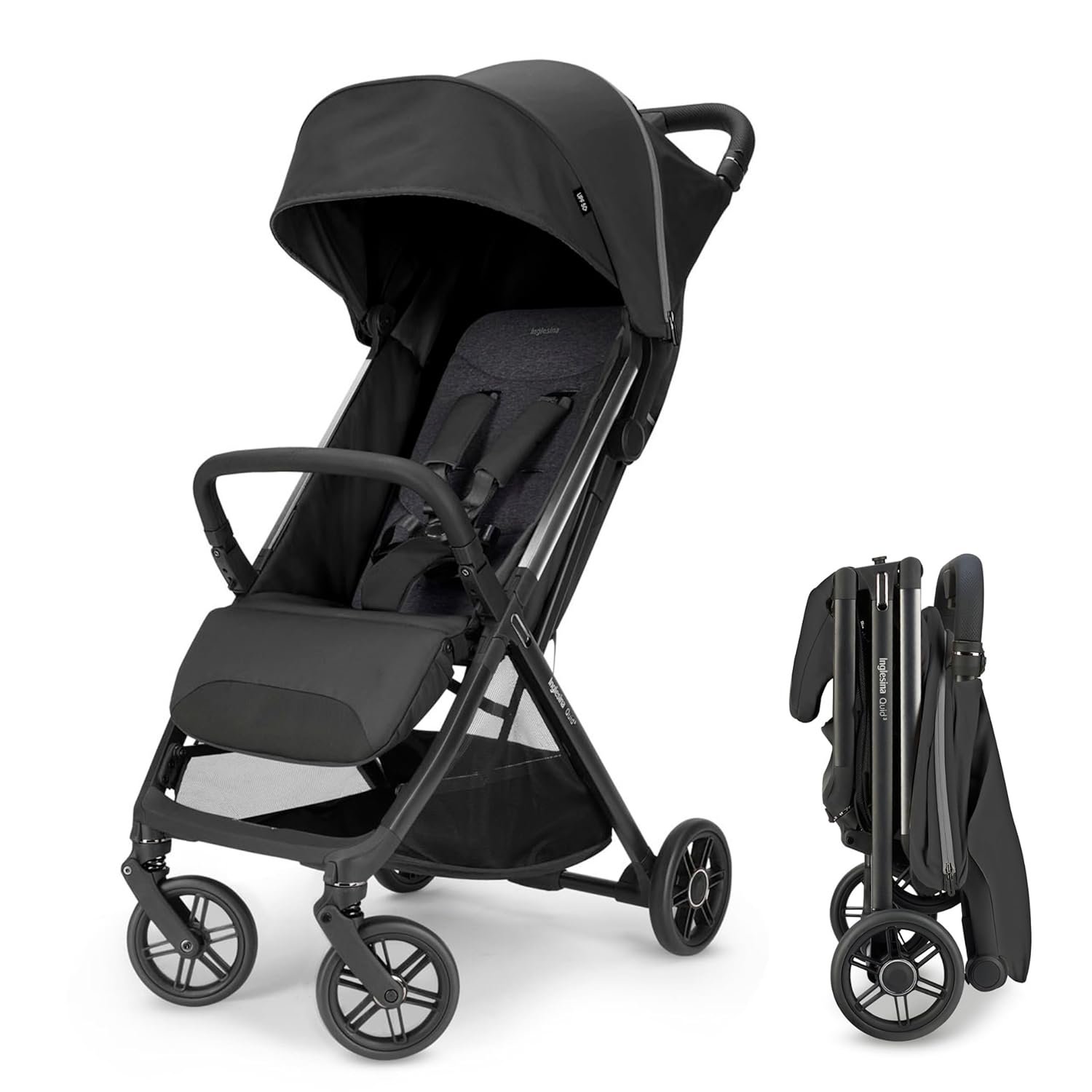 Inglesina Quid³ Lightweight Compact Travel Stroller for Baby & Toddler 0-55 lbs – One-Hand Fold, Reclining Seat, Airline Approved, Car Seat Compatible, UPF 50+ Canopy – Cosmic Black