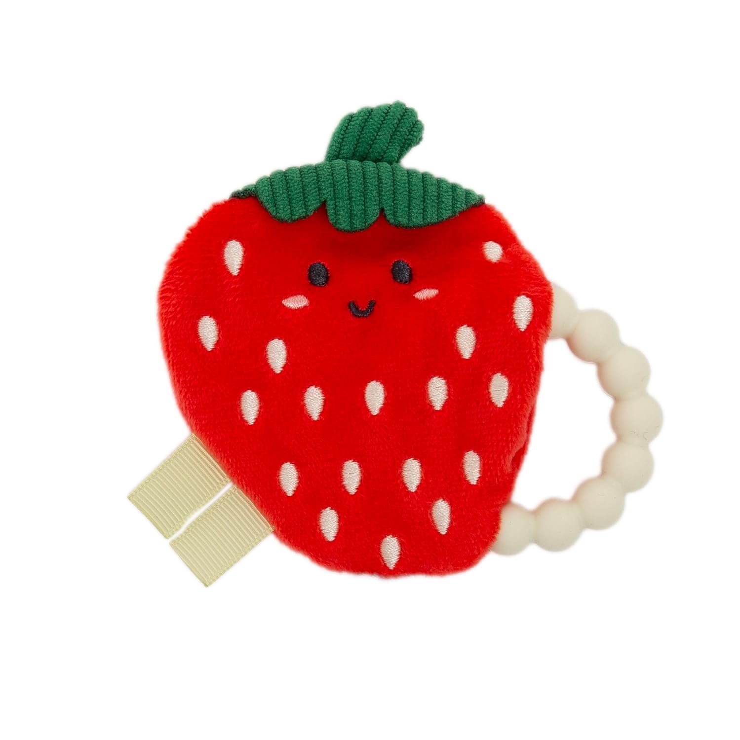 Pearhead Strawberry Baby Teether – Soft Plush Sensory Toy with BPA-Free Silicone Beaded Ring & Crinkle Sound, Soothes Teething Pain, Newborn Essentials for Boys and Girls, 0+ Months