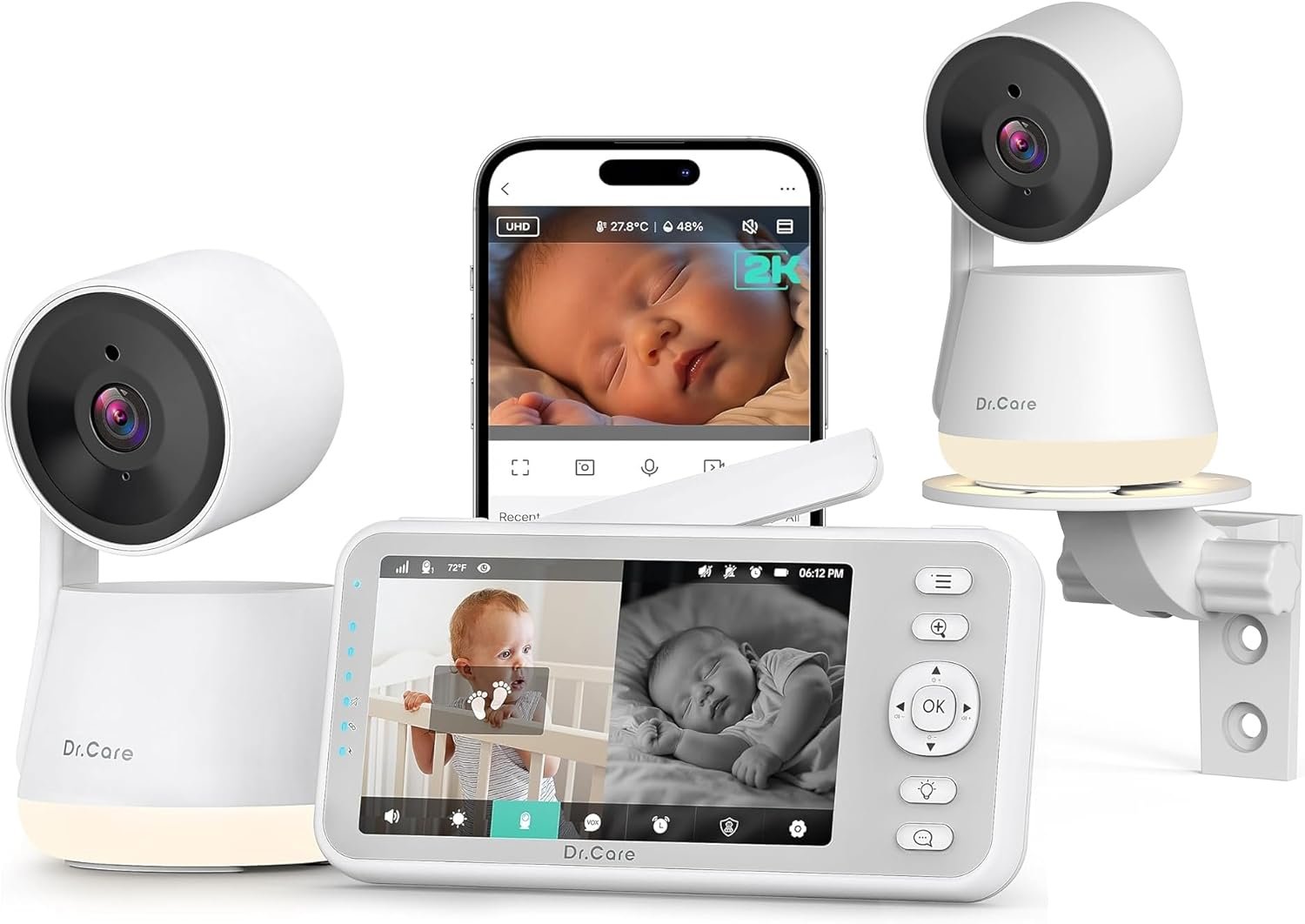 Dr.Care LumiView Smart WiFi Baby Monitor with 2 Cameras – 5″ 1080P FHD & 2K Camera App Control, Privacy Mode, 5000mAh Removable Battery, Cry & Motion Alerts, HD Night Vision, Multi-User,1279ft Rang