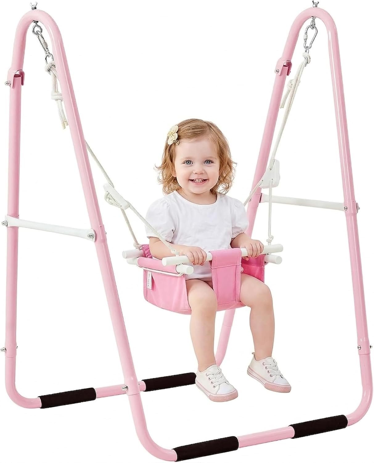 FUNLIO Baby Swing Set for Toddlers 6-36 Months, Foldable & Portable Swing for Indoor & Outdoor, Heavy Duty Metal Frame, Includes 2 Weight Bags & 4 Anti-Slip Pads, Easy to Assemble & Store – Pink