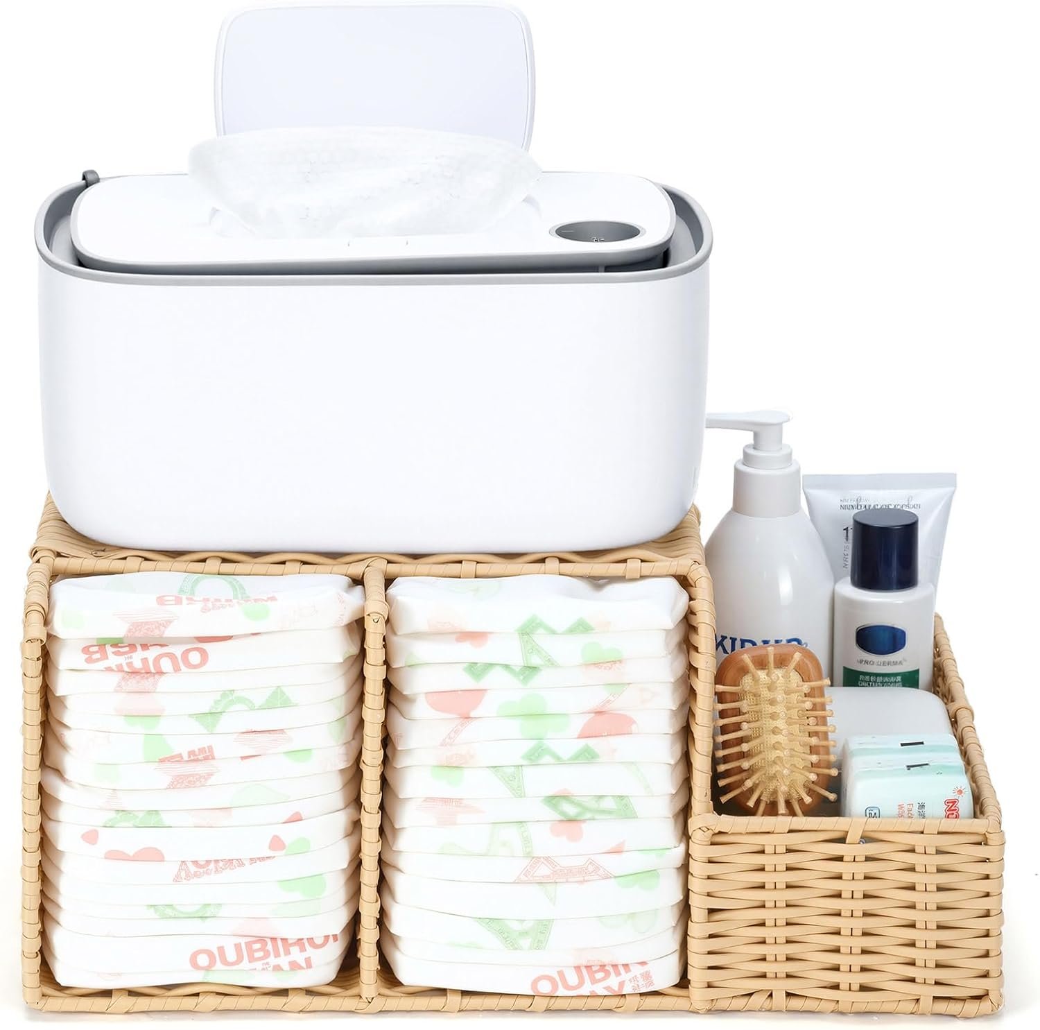 Diaper Caddy Organizer, Hand Rattan Nursery Storage Basket for Baby Essentials, Baby Changing Table Organizer Perfect Nursery Assistant (Hollow PE Rattan – Style 2, M)