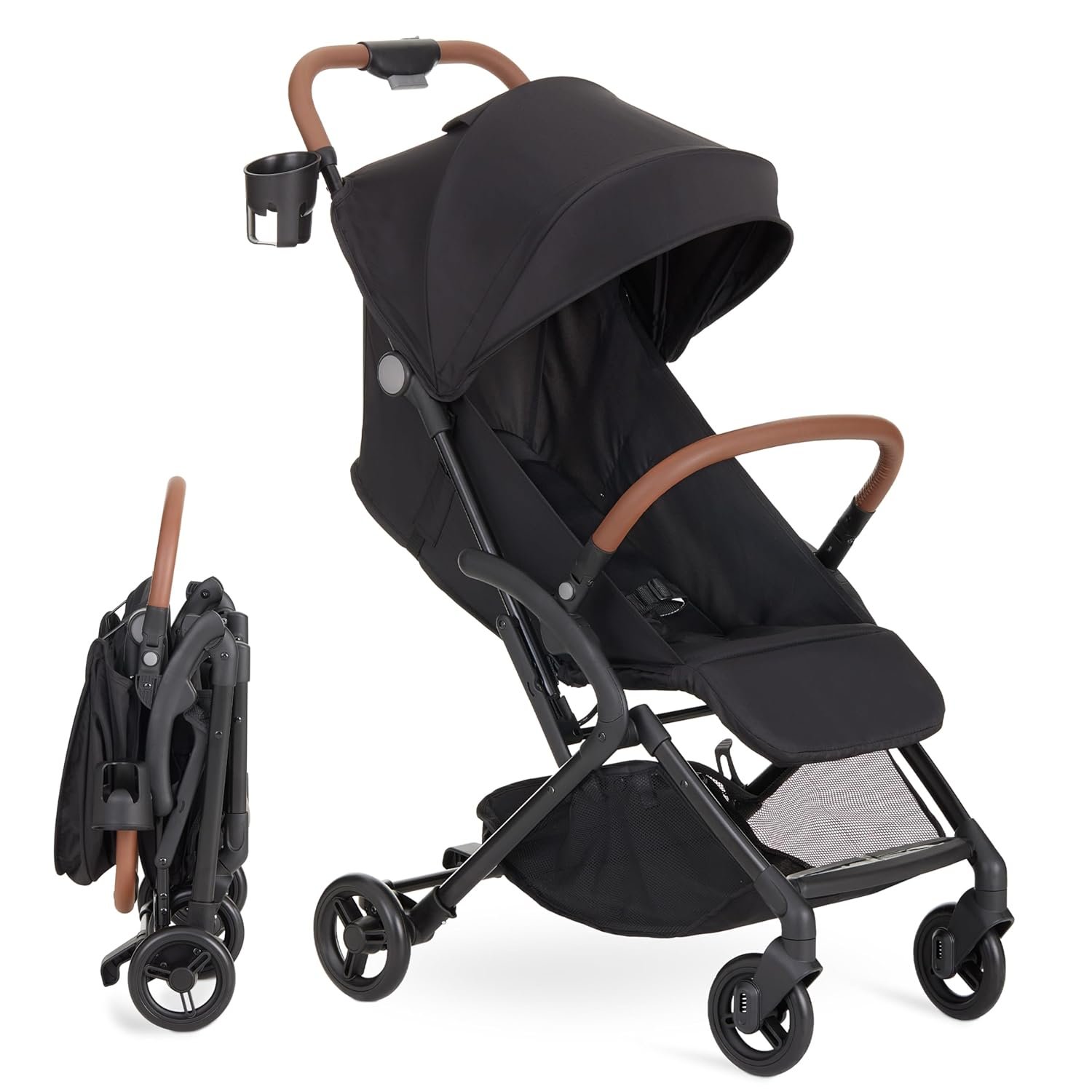 Dream On Me Rio Glide Ultra-Light Compact Stroller, One-Hand Self-Standing Fold, Adjustable Backrest & Footrest, 5-Point Harness, Cup Holder, Suspension Wheels with Storage Basket – Black