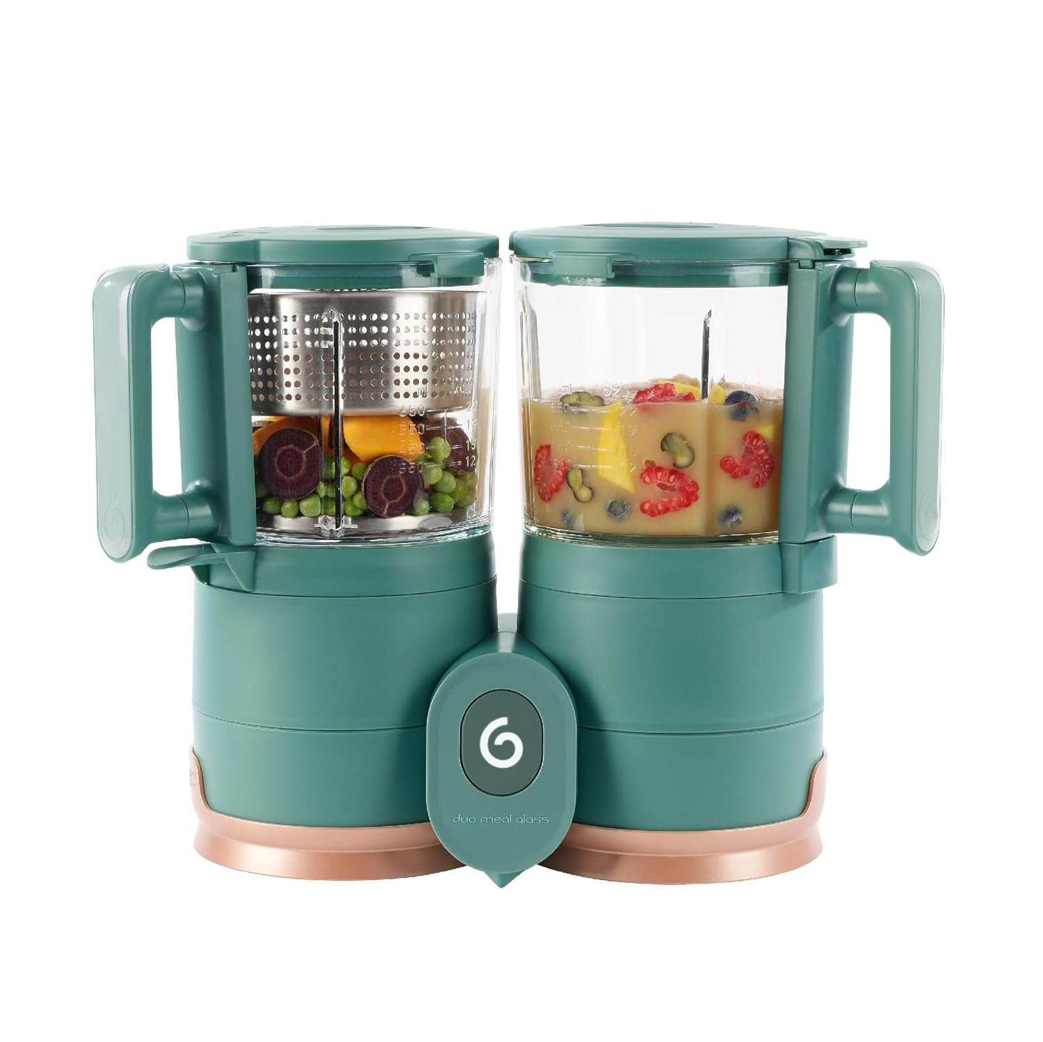 Babymoov Duo Meal Glass Food Maker – Baby Food Processor with Built-in Glass Steamer, Stainless Steel Basket, and Glass Blender (Over 6 Cup Capacity), Dark green