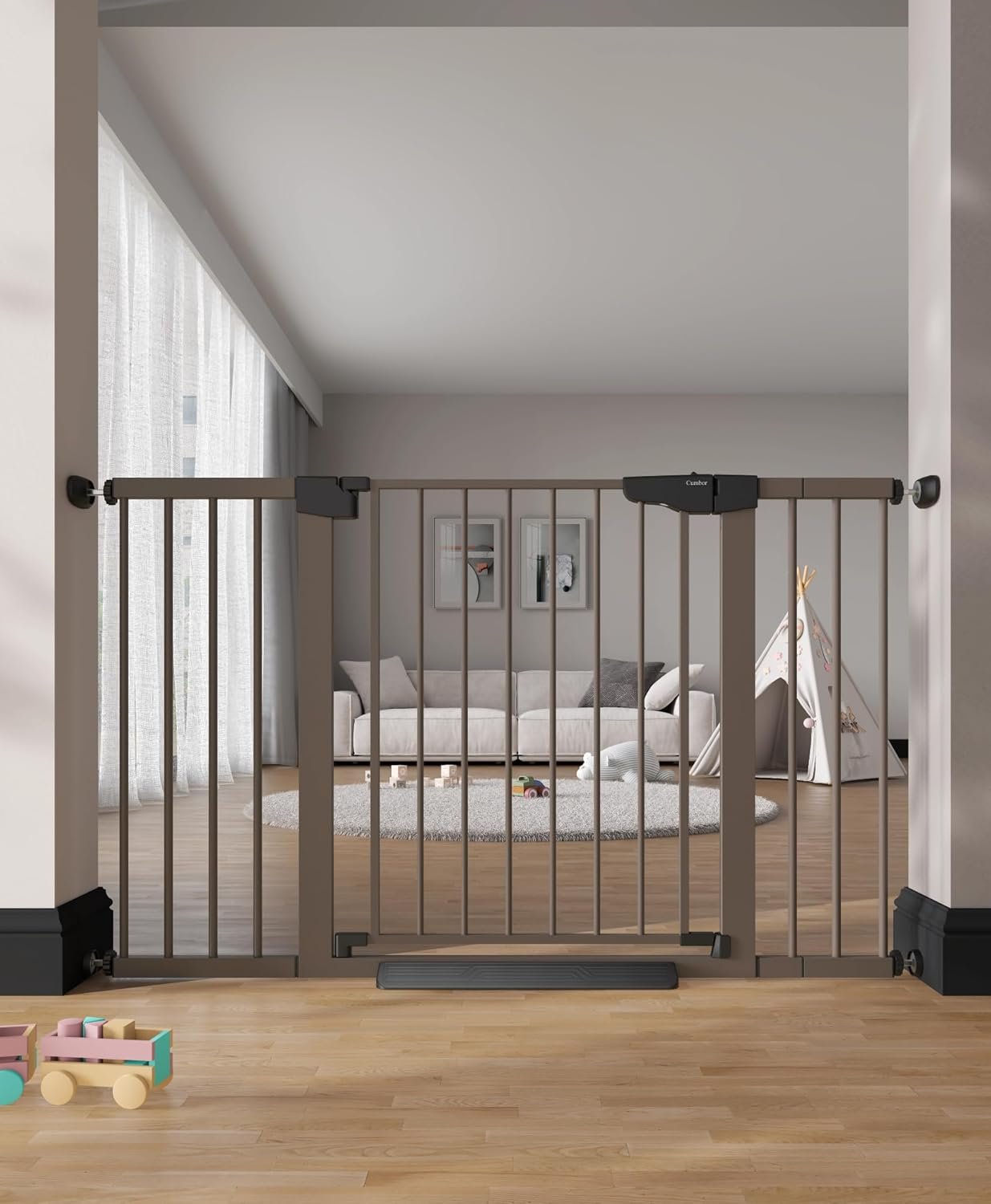 Cumbor 29.7–51.5″ Extra Wide Baby Gate for Stairs, Pressure-Mounted Dog Gates for Doorways & Hallways, Auto-Close Walk-Through, No-Trip Design, Child Proof Safety, Dog/Pet Gate for Indoor Use, Brown