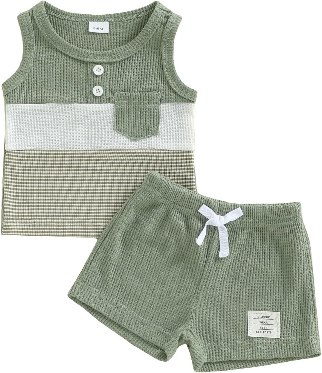 Thorn Tree Baby Boy Summer Clothes Contrast Color Sleeveless Tops Elastic Waist Shorts Toddler Outfits Cute Set