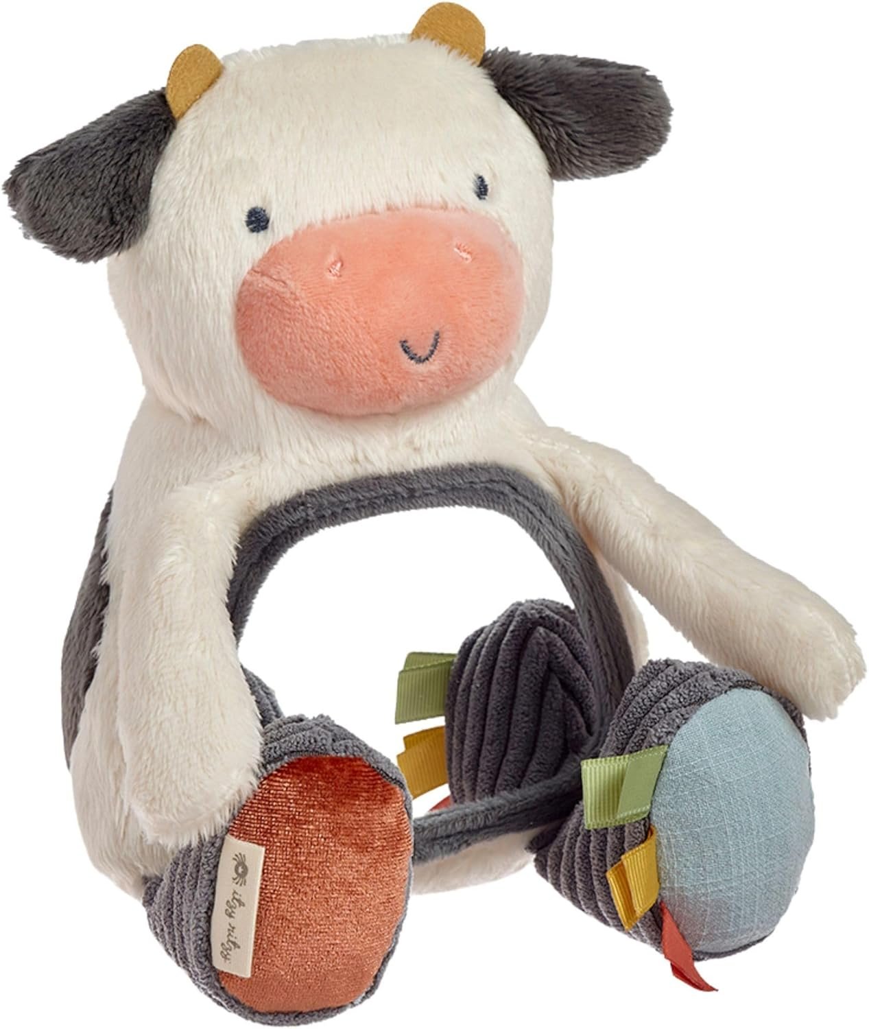 Itzy Ritzy Sensory Tummy Time Toy Mirror – Features Crinkle & Jingle Sounds, Multiple Textures and Mirror for Self-Discovery, Infant Toy for Ages 0 Months and Up, Cow