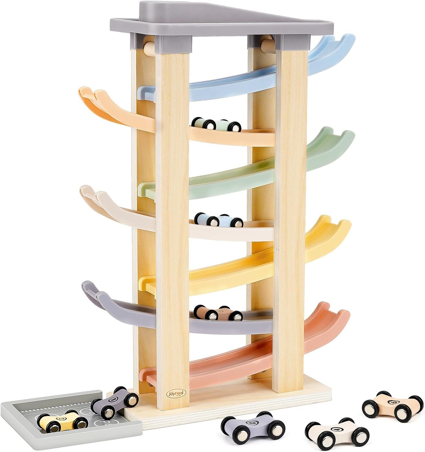 Joyreal Montessori Toddler Toys for 1 2 3 Year Old – 7 Level Wooden Car Ramp Racer Toys with 8 Mini Cars & 2 Garages – Christmas Birthday Gifts for 2 Year Old Boys and Girls